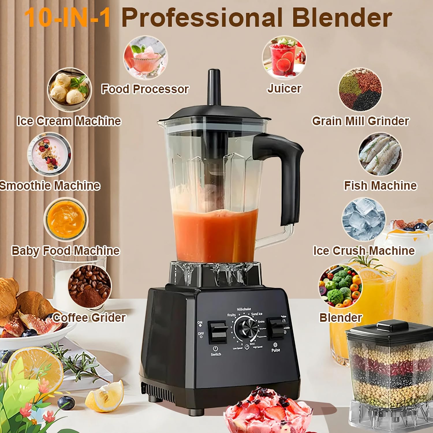 Professional Smoothie Blender,High Speed Countertop Smoothie Maker with 65oz BPA-Free Jar, 8 Stainless Steel Blades,Variable Speed–Smoothies, Protein Shakes, Ice Crushing, Frozen Drinks, Juices, Nuts