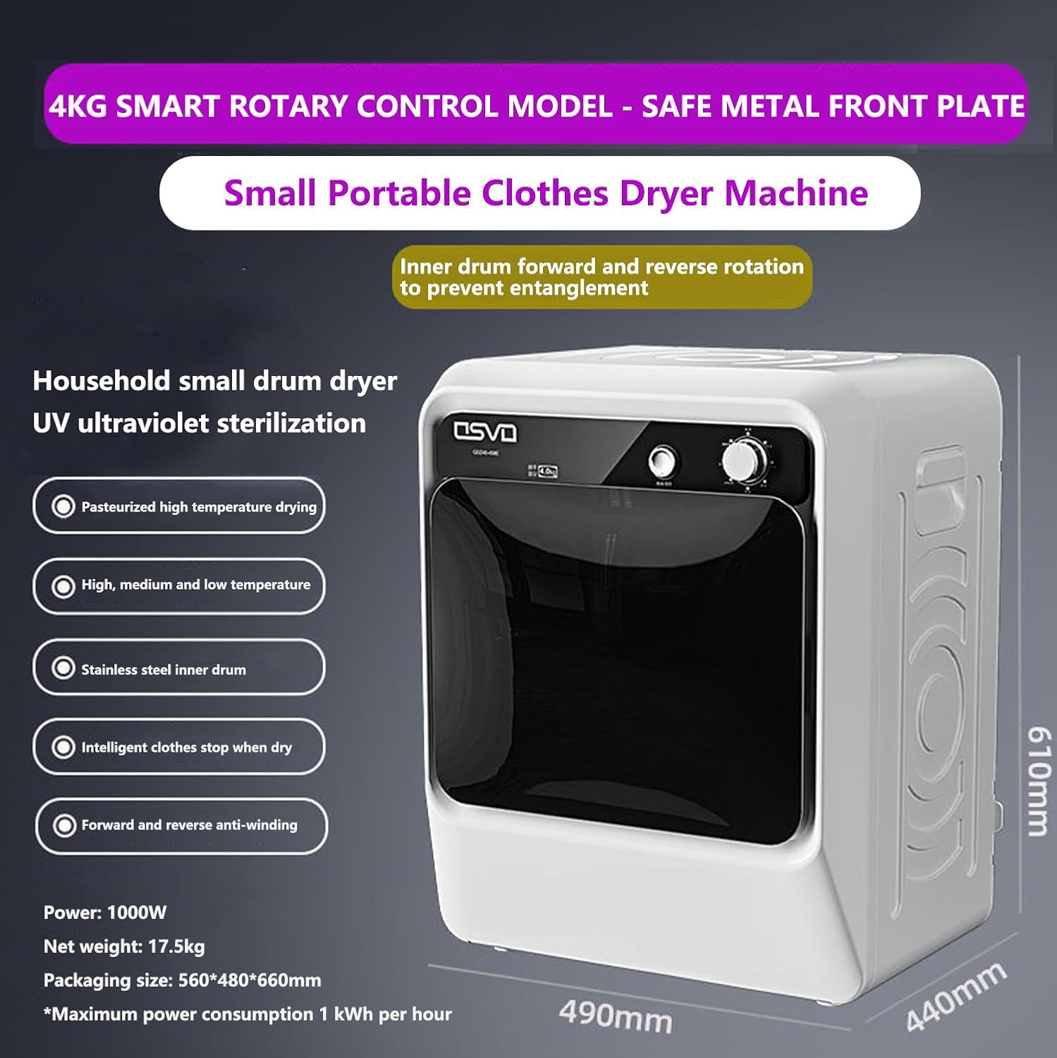 Small Tumble Dryer With LCD Smart Touch Panel, 4Kg Drying Capacity, 3 Temperatures, Stainless Steel Inner Tube, 36.3 Lbs Portable Dryers For Laundry 1000W