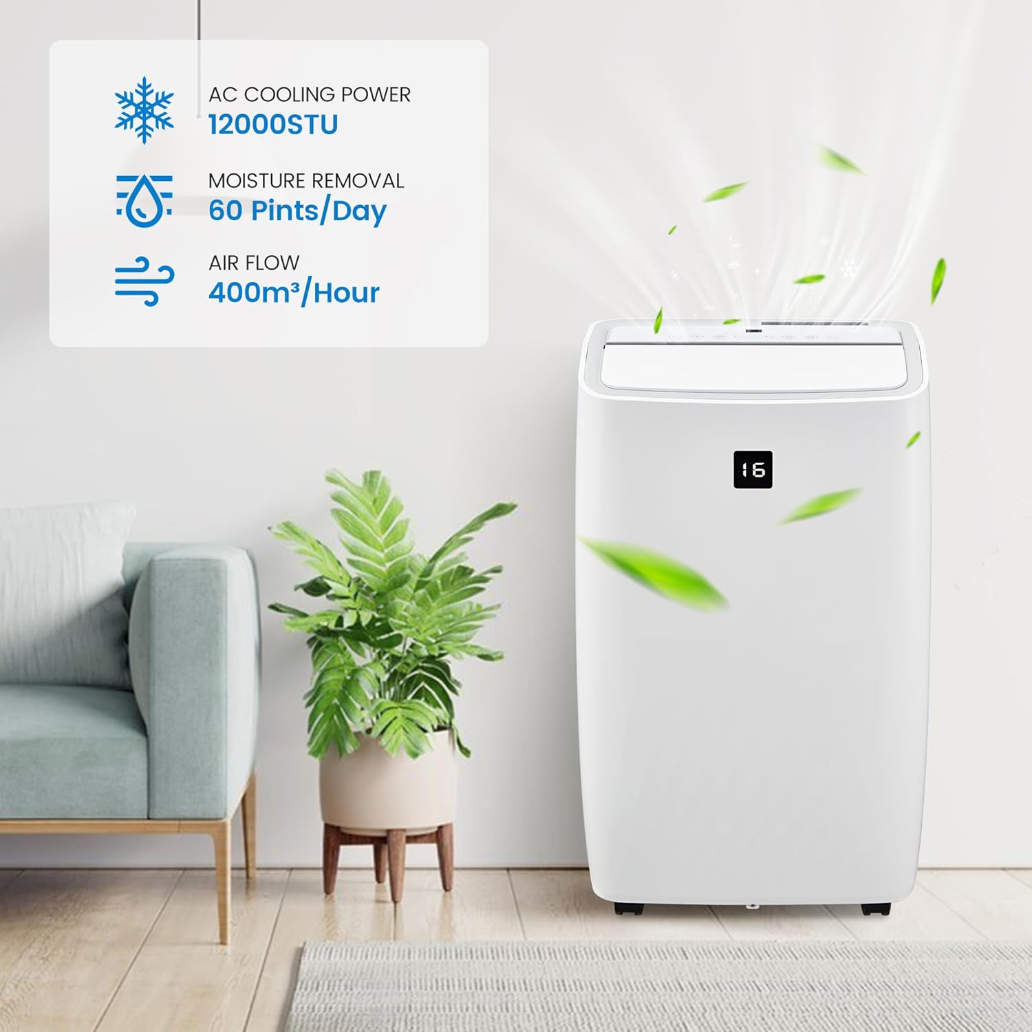 12000 BTU Portable Air Conditioner: 3-in-1 Cooling, Fan & Dehumidifier with Remote for Home