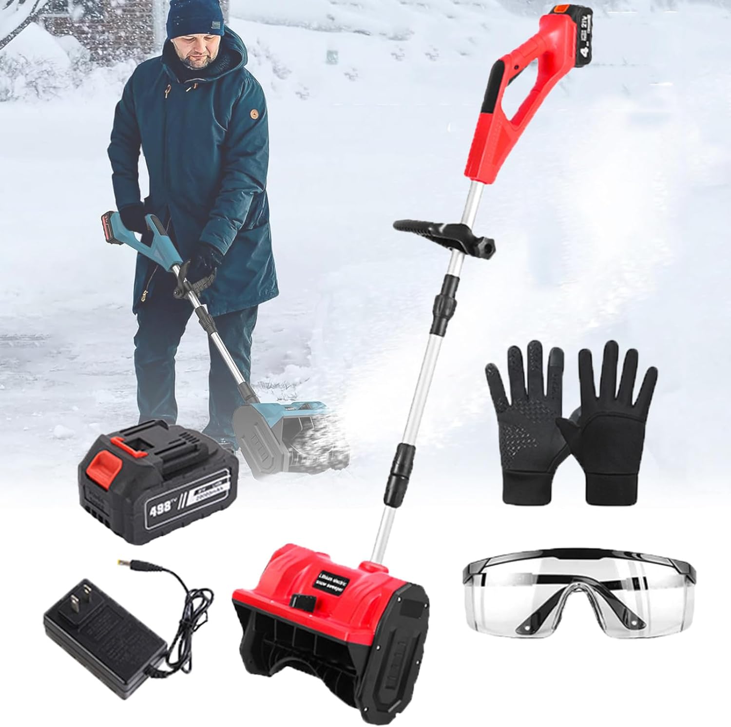 Home Cordless Electric Snow Shovel, Retractable Snow Blower Thrower & Adjustable Front Handle, Battery Powered Snow Shovel for Driveway,Red-1Battery