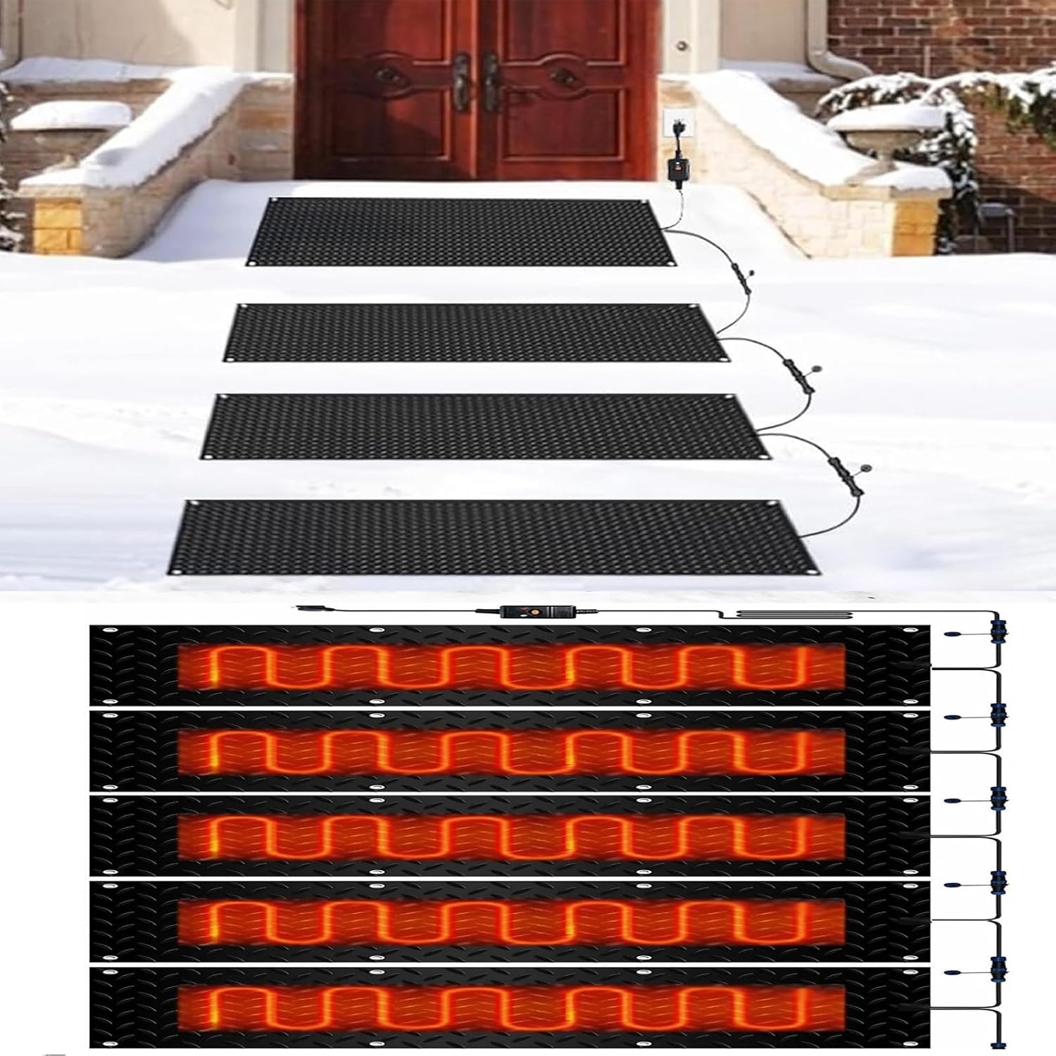 Heated Snow Melting Mats for Stairs, 1/2/3/4/5 pcs Snow Melting Stair Mats, Winter Snow and Ice Melting Mat 2 in/h Speed Melting for Winter Outdoor Stairs Doorways Walkways(5 Pcs,25.4x90cm/10inx35.4in