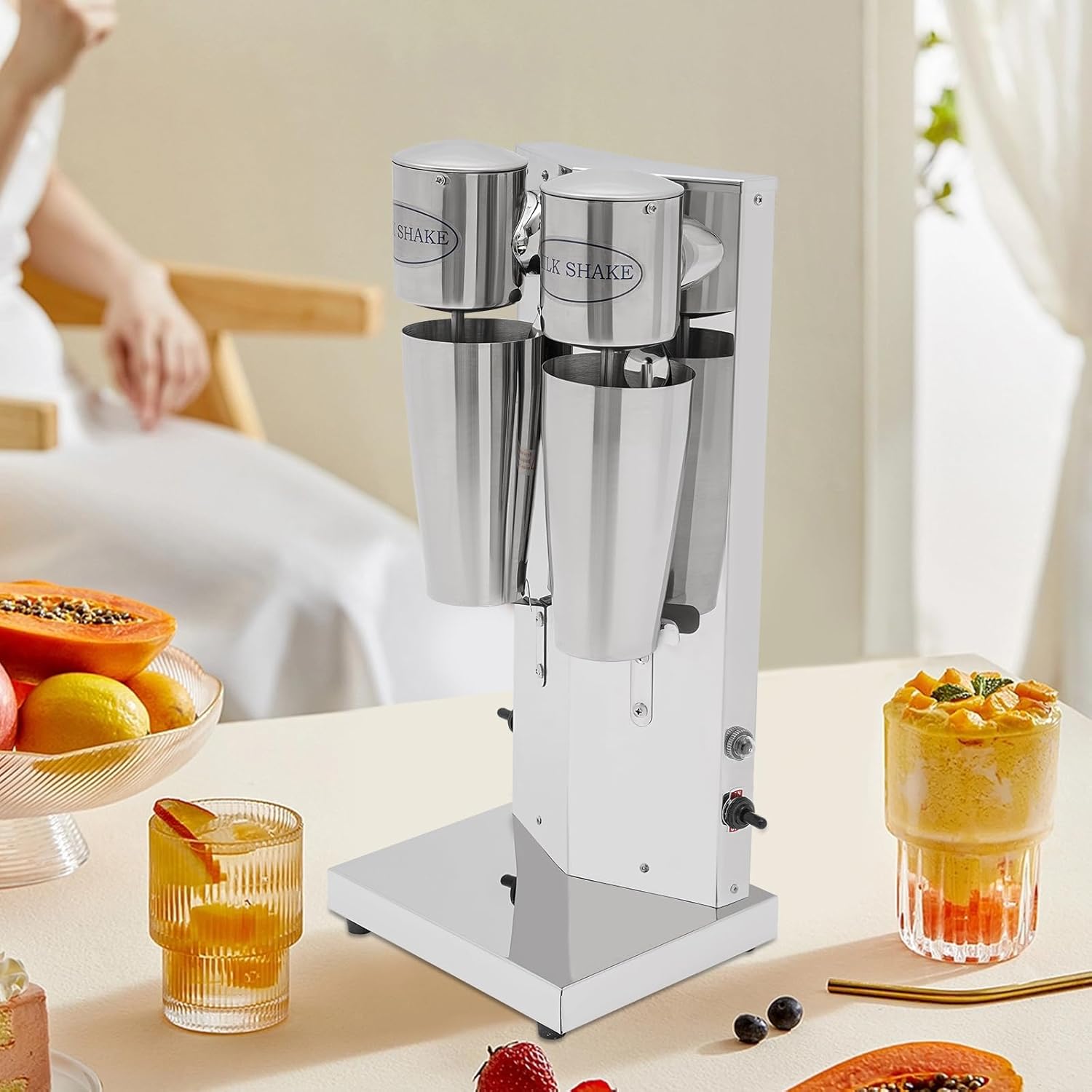 Electric Milkshake Maker, Commercial Stainless Steel Milk Shake Machine Drink Mixer Adjustable Speed Malt Maker Machine Smoothie Milk Foam Tea Mixer Blender + cups (2 Head)