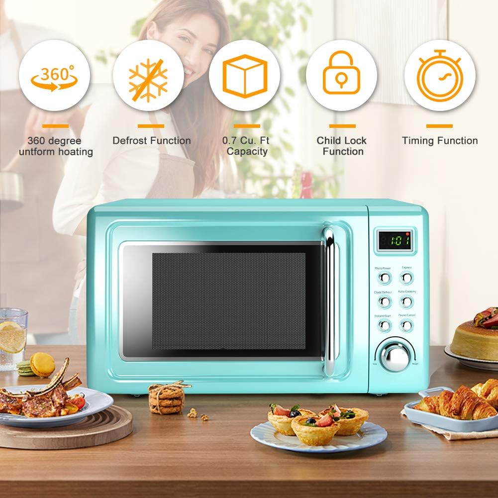 Retro Microwave Oven,Safeplus 0.7Cu.ft, Countertop 700W Microwaves with Cold Rolled Steel Plate 5 Micro Power Defrost & Auto Cooking Function LED Display Glass Turntable and Viewing Window Child Lock