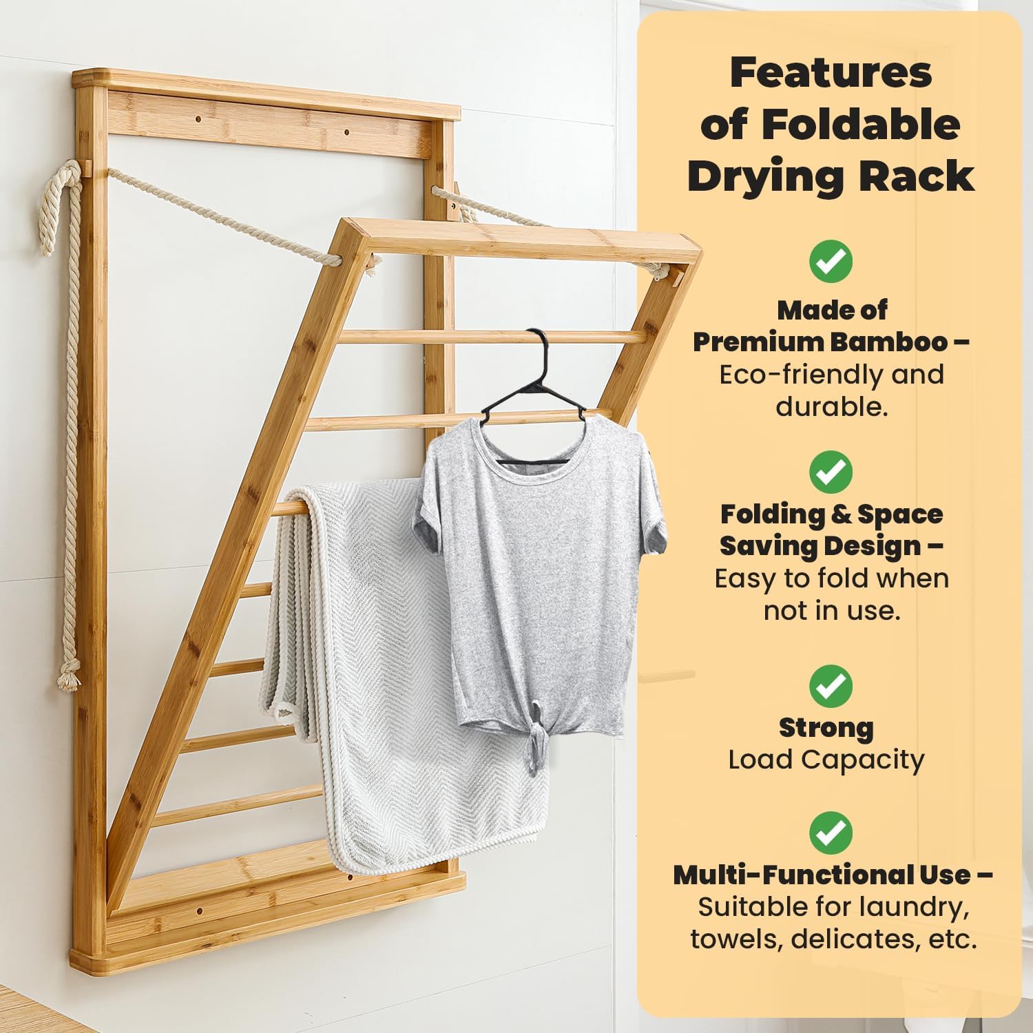 Clothes Drying Rack, Foldable Bamboo Wall Mounted Laundry Rack – Space-Saving, Drop-Down Design – 23