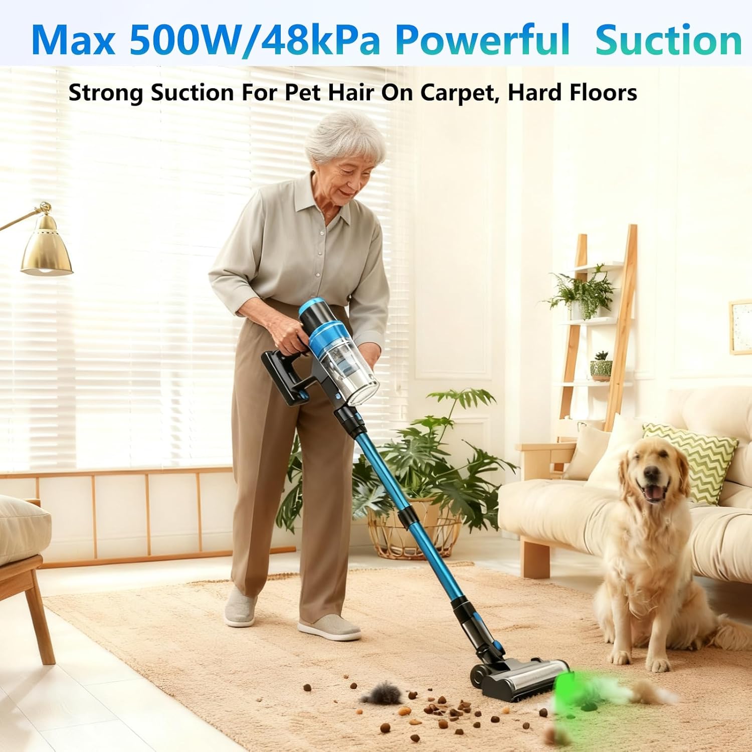 Cordless Vacuum Cleaner, Max 400W 48kPa 65min Cordless Stick Vacuum Cleaner With Green Light, Self-Standing, Anti Tangle, Wireless Rechargeable Vacuum Cleaners For Home/Hardwood Floor/Pet Hair/Carpet