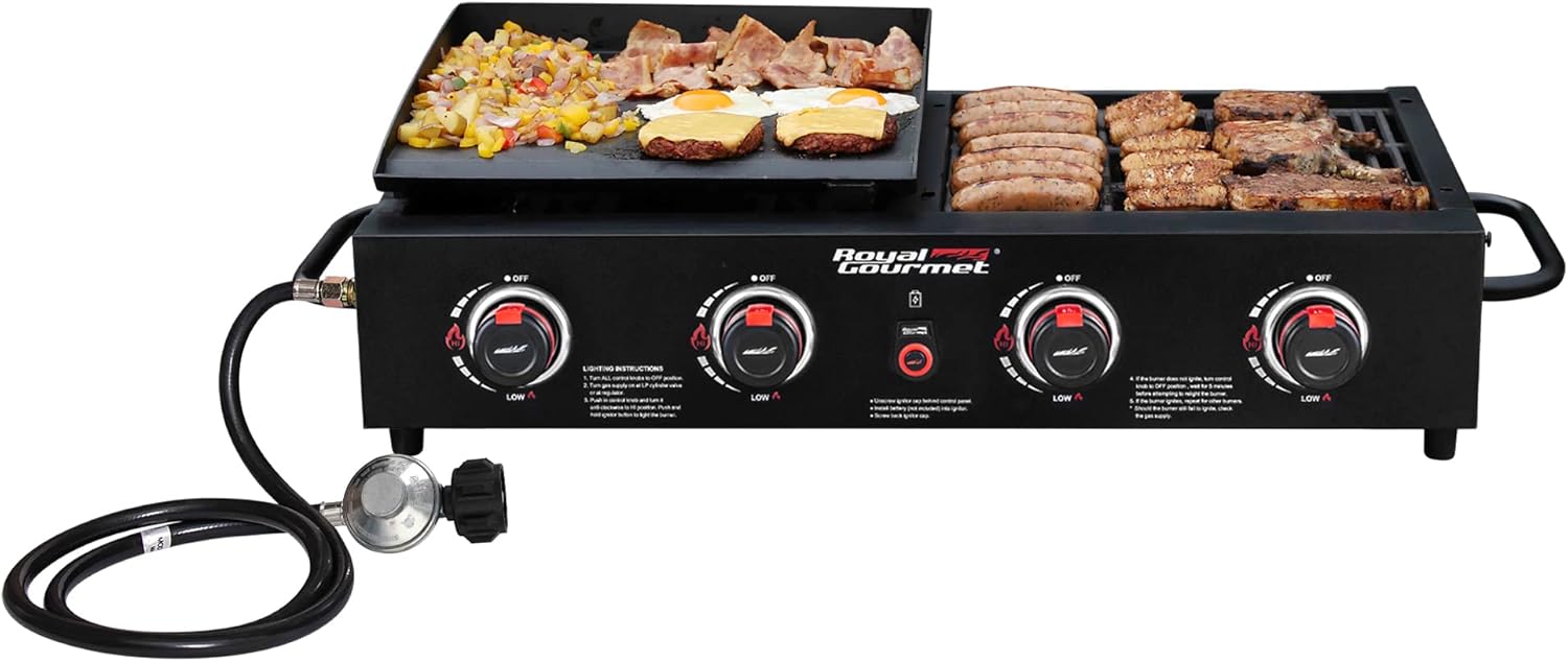 GD4001TB Propane Grill & Griddle Combo, 4-Burner Portable Gas Grill Griddle for Backyard or Outdoor Cooking, 40000 BTU, Black