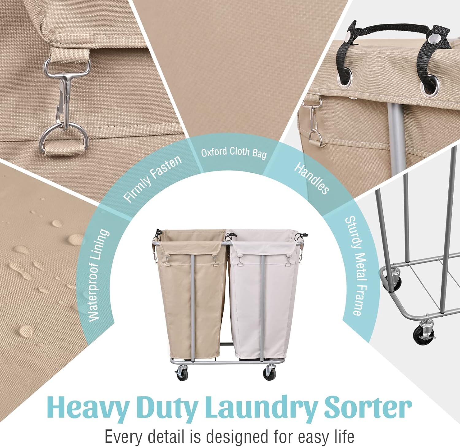 PLKOW Laundry Cart with Wheels 280L Large Laundry Sorter 2 Section for Commercial/Home, Rolling Laundry Cart with Steel Frame and Removable Bag, 8 Bushel, 32.3L x 19.7W x 31.5H Inch