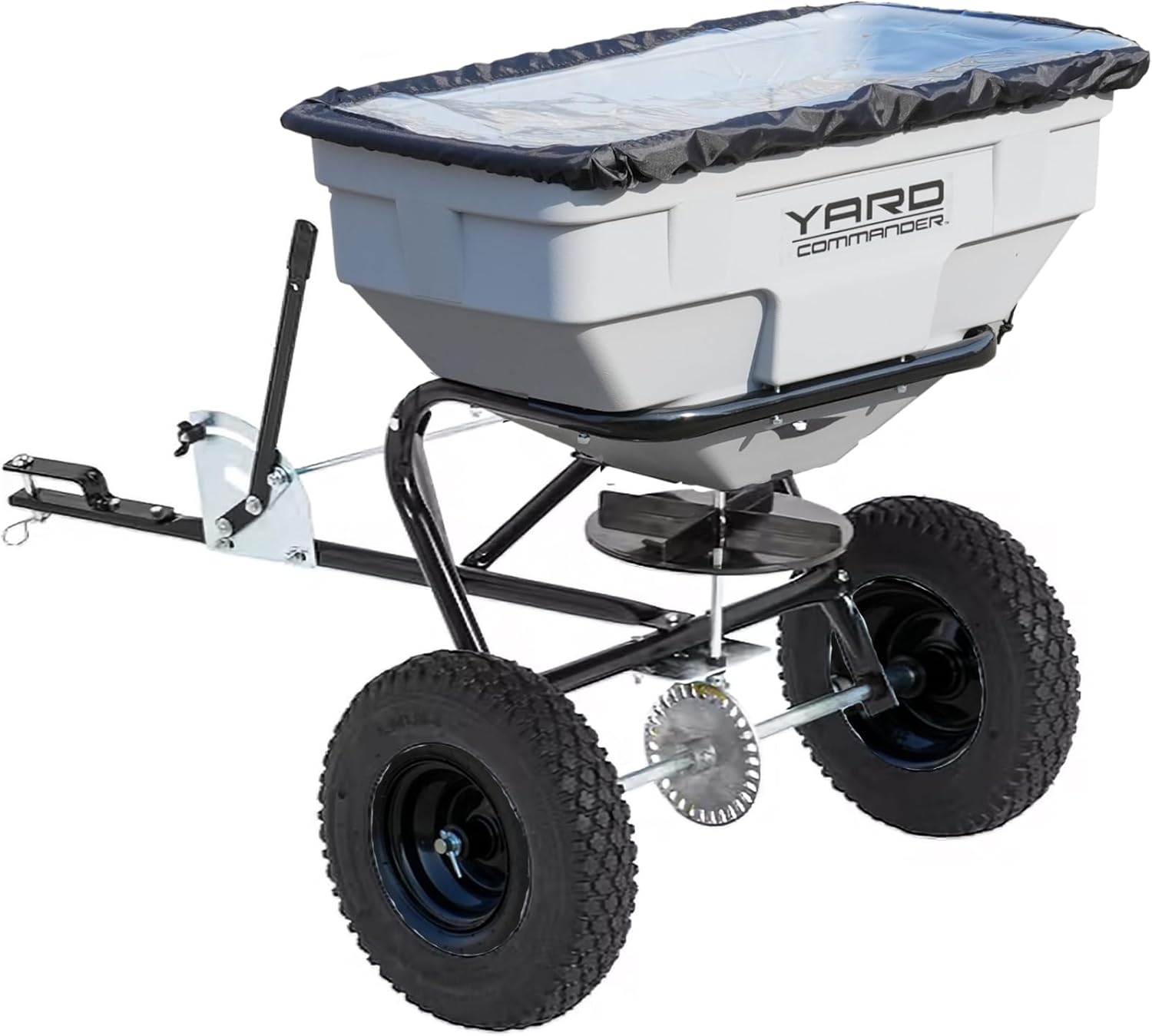 Yard Commander - 125 LB Tow Behind Lawn & Garden Broadcast Spreader - Seed, Fertilizer, Salt, Ice Melt - Premium Aluminum Cast Gears - Gate Lever for Easy Spread Control