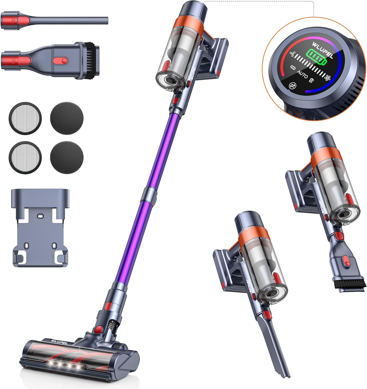 38Kpa Cordless Vacuum Cleaner, 450W Cordless Vacuum Cleaner, Up to 55 Mins Runtime, with 1.5L Dust Cup&LED Display, Purple