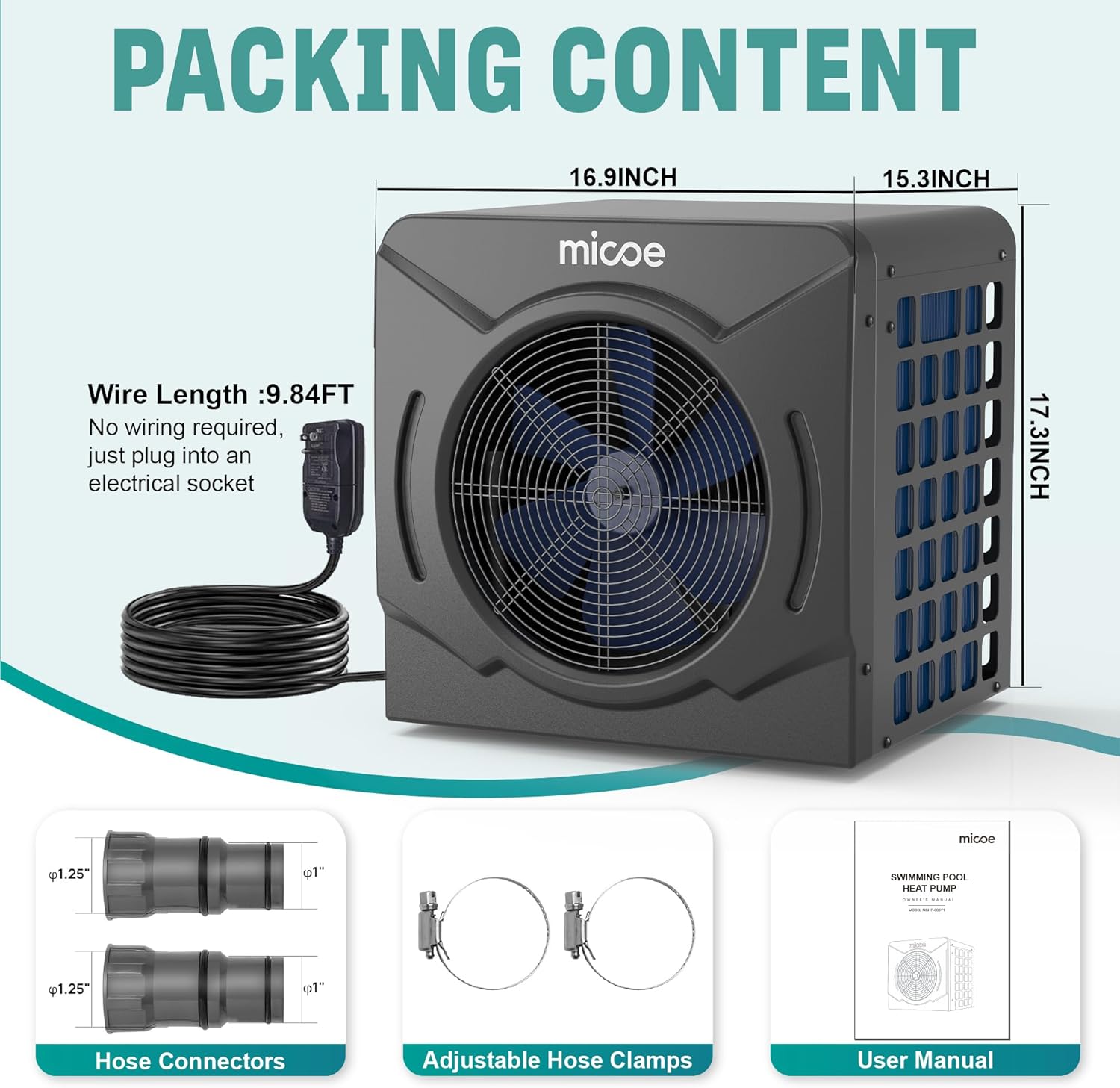 MICOE 17000 BTU Pool Heater for Above Ground, Swimming Pool Heat Pump Heating or Cooling, Titanium Heat Exchanger，Ultra Quiet 50dB, 120V with Easy Install Kit