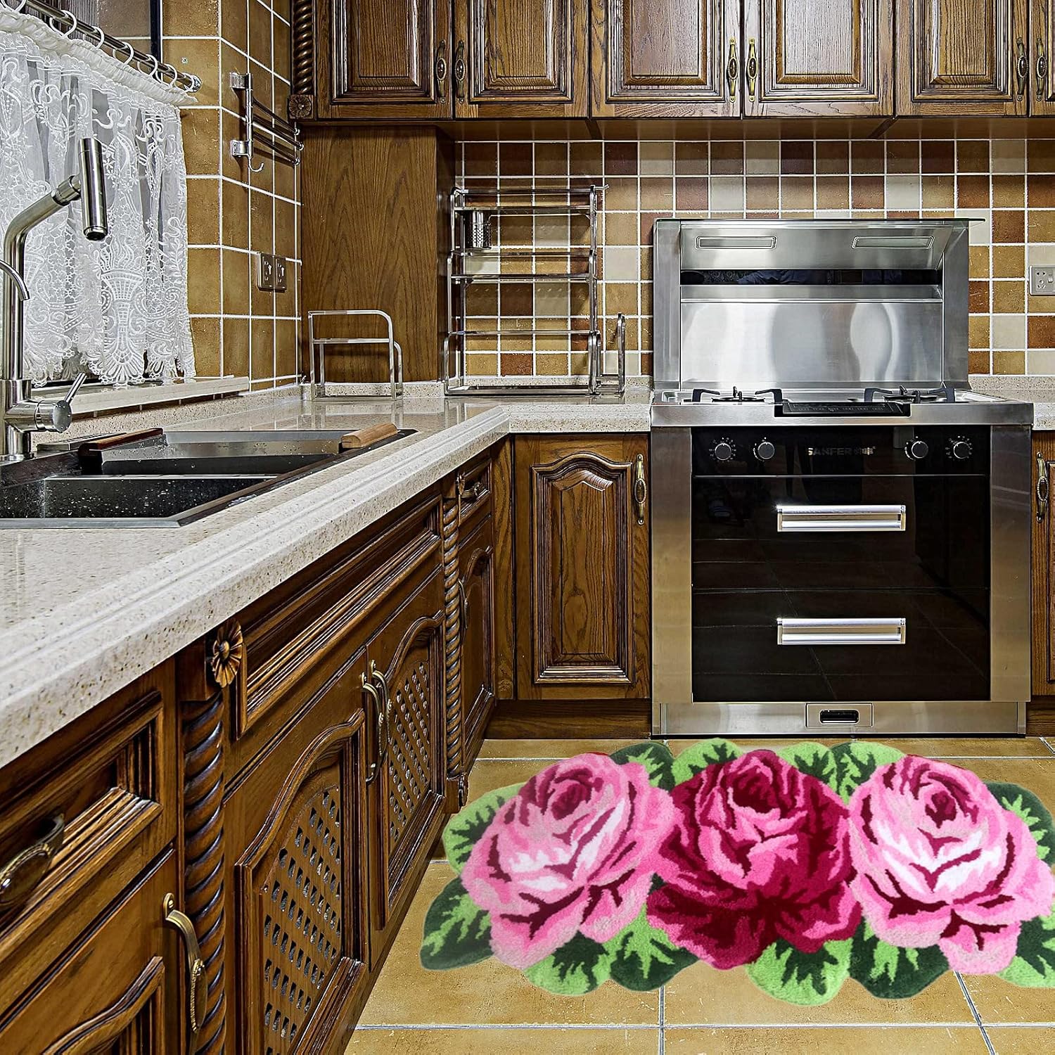 UKELER Laundry Room Rug 49.2x25.6 inch Pink Rose Flower Kitchen Area Rugs Non-Slip Absorbent Bathroom Rugs for Bathroom