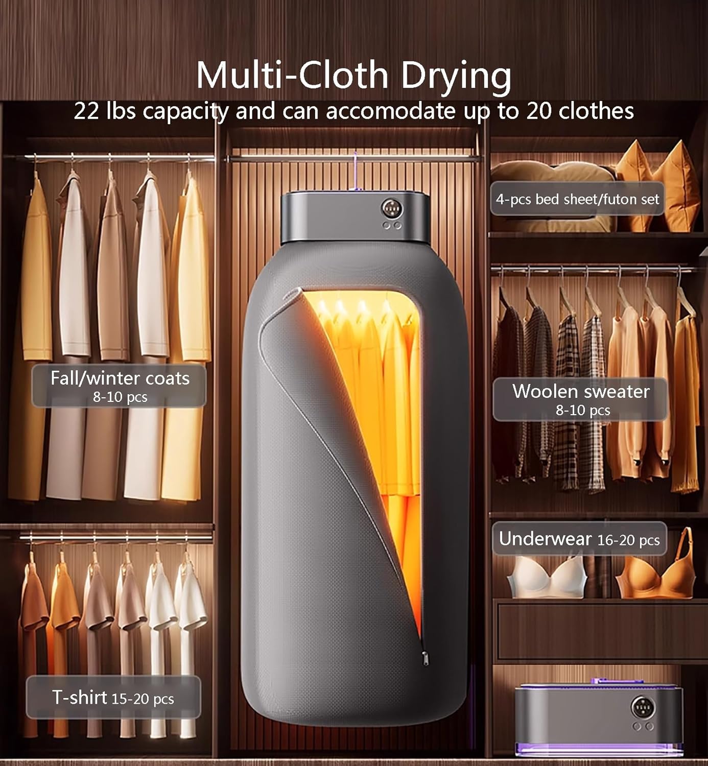 Portable Clothes Dryer, Heated Drying Rack with Timer, Compact Dryer Machine for Laundry Travel Camping Apartment Hotel Dormitory RV