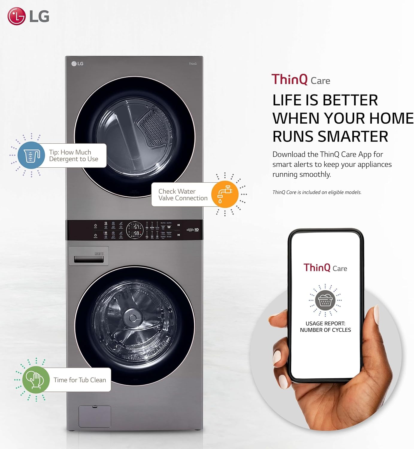 LG WashTower Stacked Smart Laundry Center 4.5 Cu.Ft. Front Load Washer & 7.4 Cu.Ft. Gas Dryer in Graphite Steel WKG101HVA