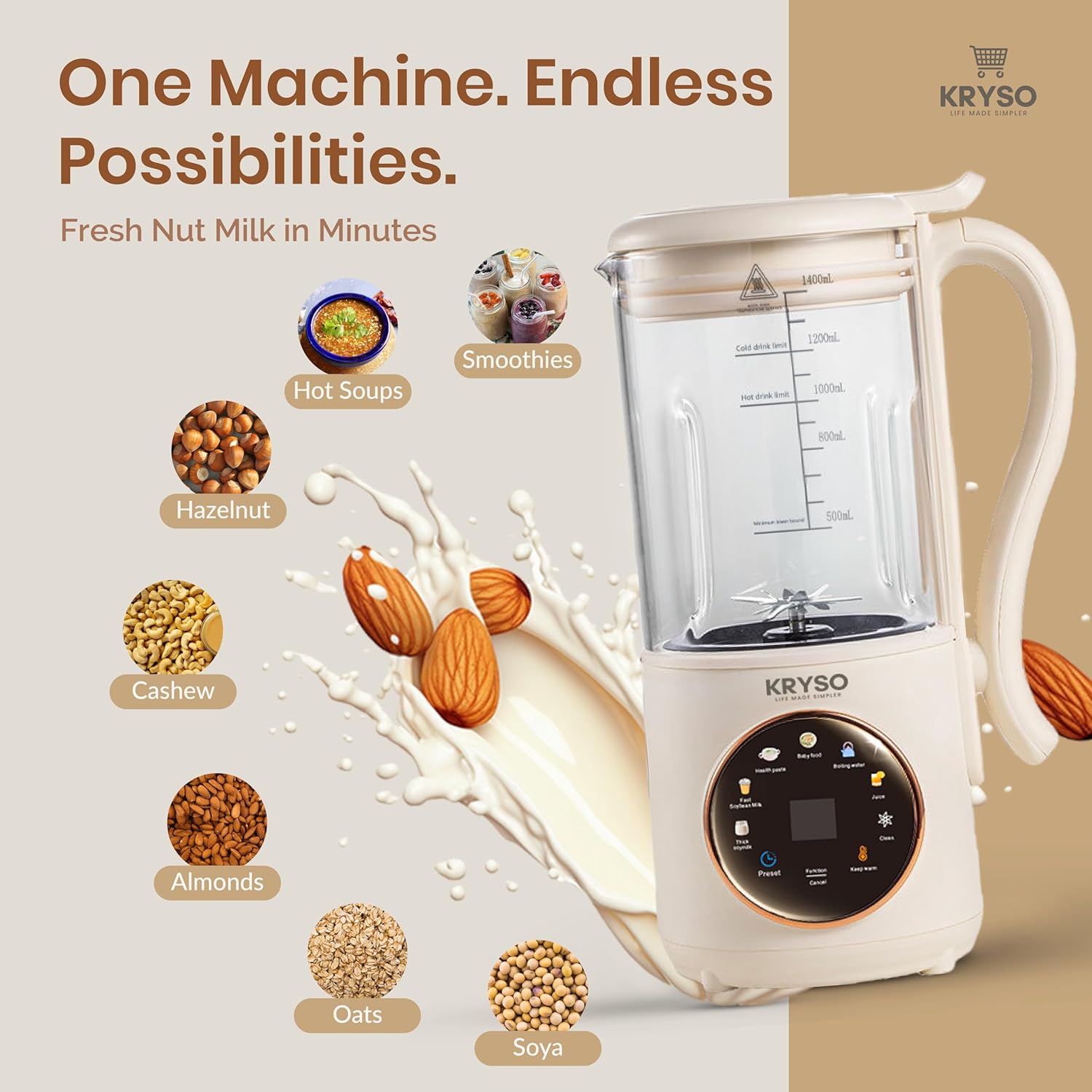 KRYSO 48OZ 8-in-1 Nut Milk Maker Machine, Automatic Kitchen Appliance with Milk Frother | Almond, Soy, Oat & Plant-Based Drinks | Self-Cleaning, Keep Warm, Juice & Soup Maker