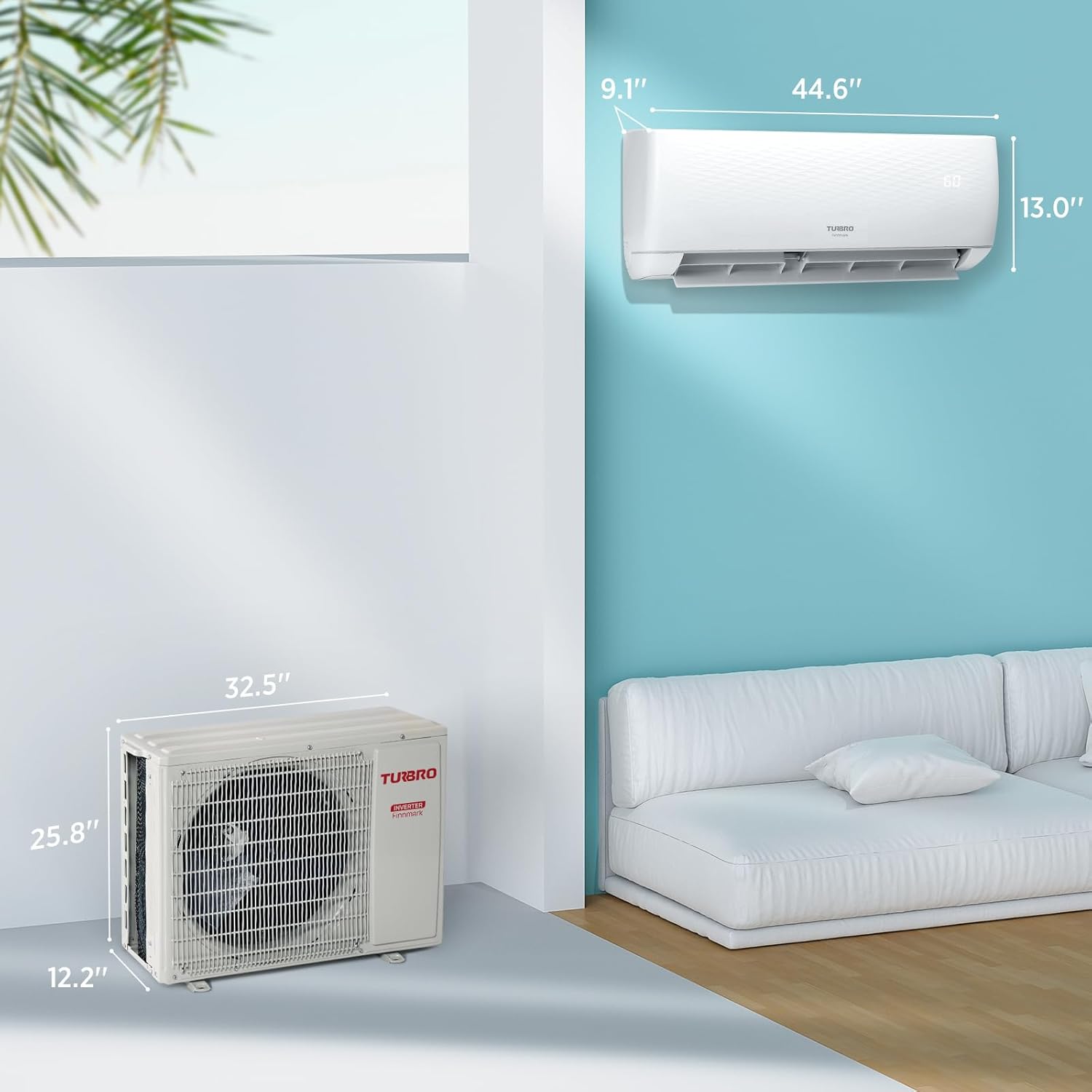 TURBRO 24,000 BTU Ductless Mini Split AC with Heat Pump, Inverter Compressor, 18.5 SEER2, 230V, R32 Refrigerant, Pre-charged Evaporator, WiFi-Enabled, App Control, AHRI Certified, Finnmark Series