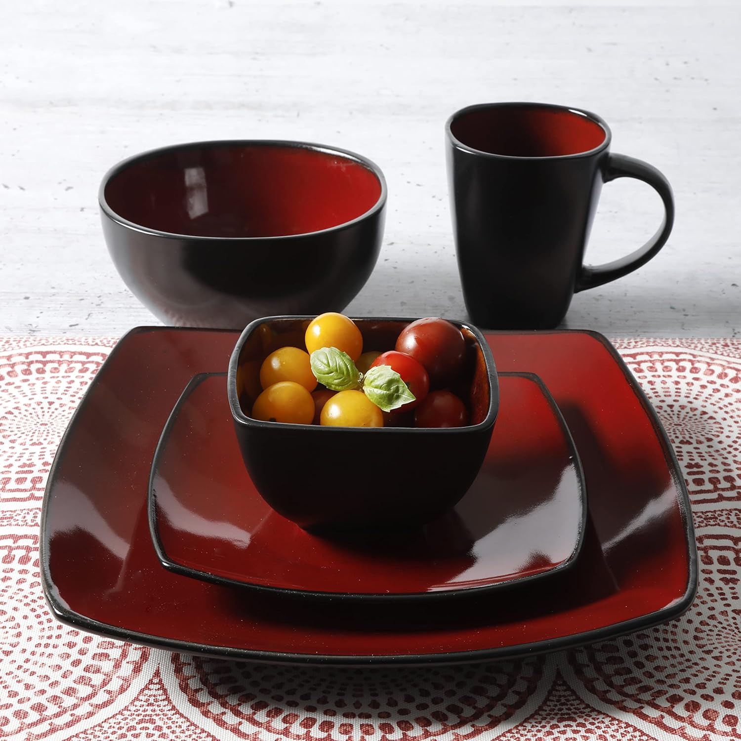 Gibson Elite Soho Lounge Square Reactive Glaze Stoneware Dinnerware Set, Service for 8 (40pc), Red/Black