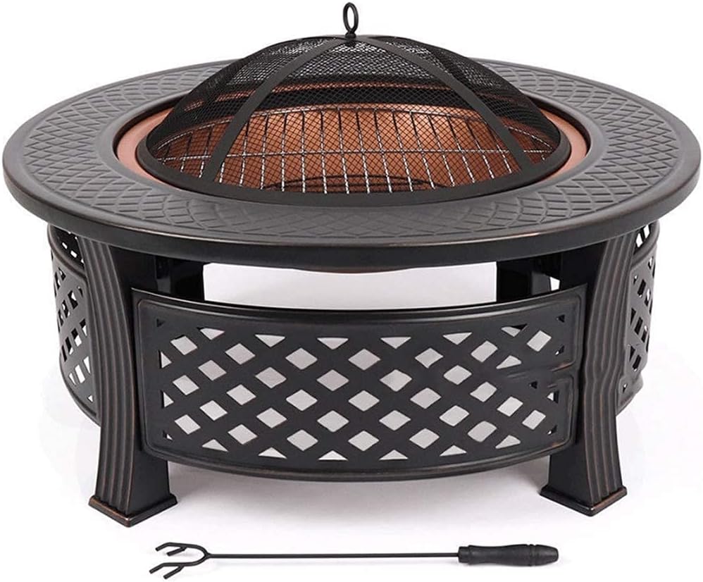 Fire pits with Barbecue Net Outdoor Fire Pit with Log Grate Metal Firepit Patio Stove Wood Burning BBQ Grill Fire Pits Bowl, Poker Fire Pit