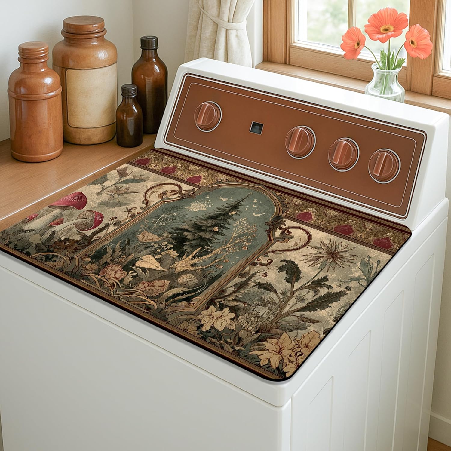 Nature-Inspired Washer Dryer Top Protector Mat, Vintage Botanical Artwork Laundry Machine Dust Covers, Rustic Rubber Anti-slip Waterproof Washer And Dryer Mats for Home Decor 20x24 Inch