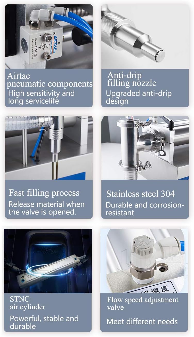 Hanchen Pneumatic Liquid Filling Machine Fully Pneumatic Liquid Dispenser Horizontal Piston Filler for Engine Oil, Honey, Laundry Detergent, Shampoo, Shower Gel (500-5000ml (16.9-169 oz))