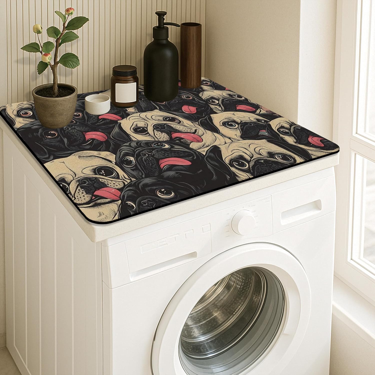 Pug Lover Washer Dryer Top Protector Mat, Retro Pug Faces Laundry Machine Dust Cover, Cute Rubber Anti-slip Waterproof Washer And Dryer Mats for Home 24x24 Inch