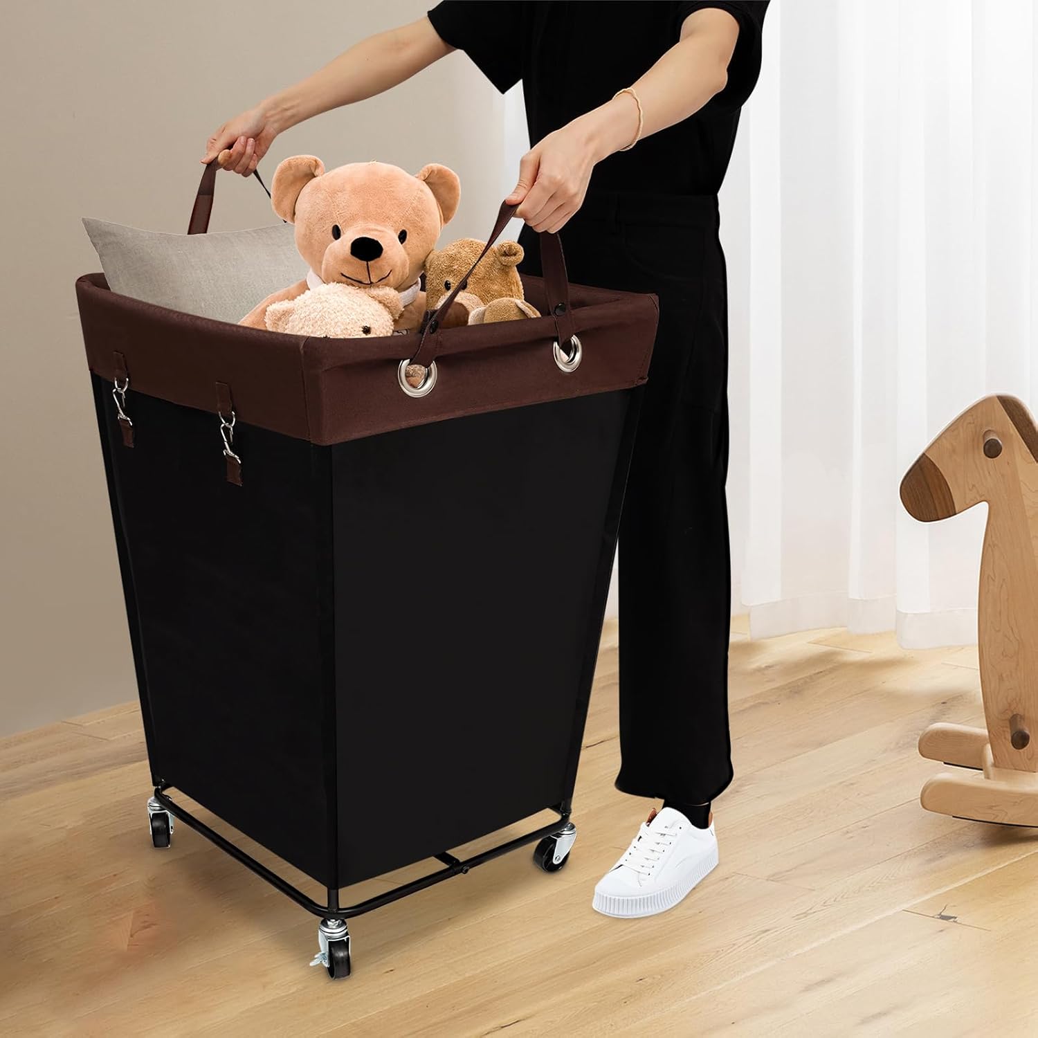 210L/46.19Gal Laundry Basket w/Wheels, Commercial Rolling Laundry Hamper Cart, Heavy Duty Iron Frame & Removable Bag Clothes Organizer for Hotel, Home, Closet, Dorm, Bathroom, Bedroom (Black)