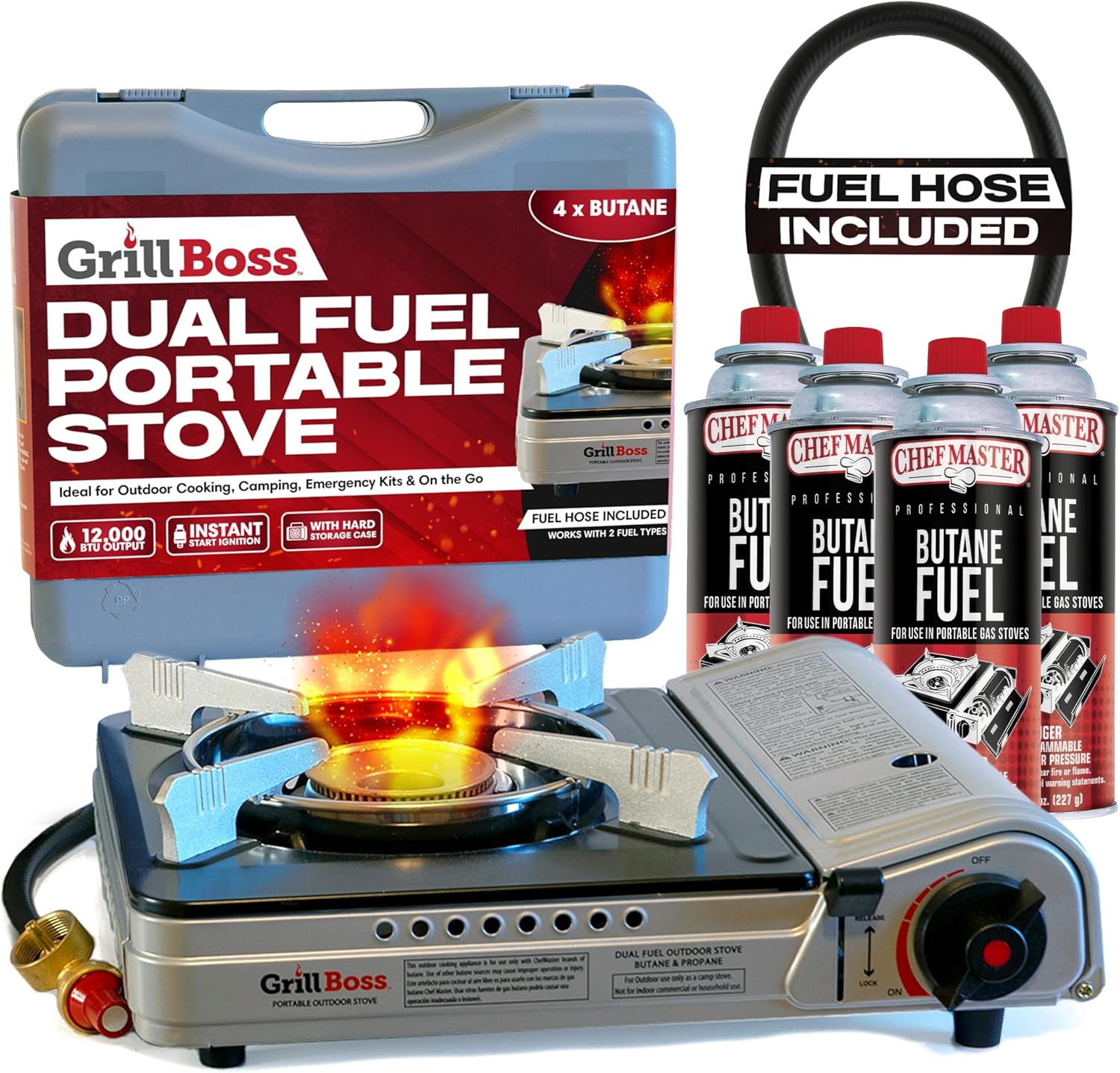 Grill Boss Dual Fuel Camp Stove w/ 4x 8oz Butane Canisters - 12,000 BTU Butane & Propane Portable Stove for Camping, Emergencies, BBQ, Hiking & Backpacking - Double Wind Guard, Piezo Ignition - 90057