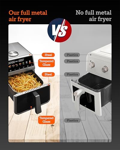 Air Fryer, 6 Qt, Stainless Steel Air Fryer, Stainless Steel Housing& Full Metal Inner Pot, PTFE and PFAS Free, 9 Digital One-Touch Cook Functions,120°F~450°F, 1700W