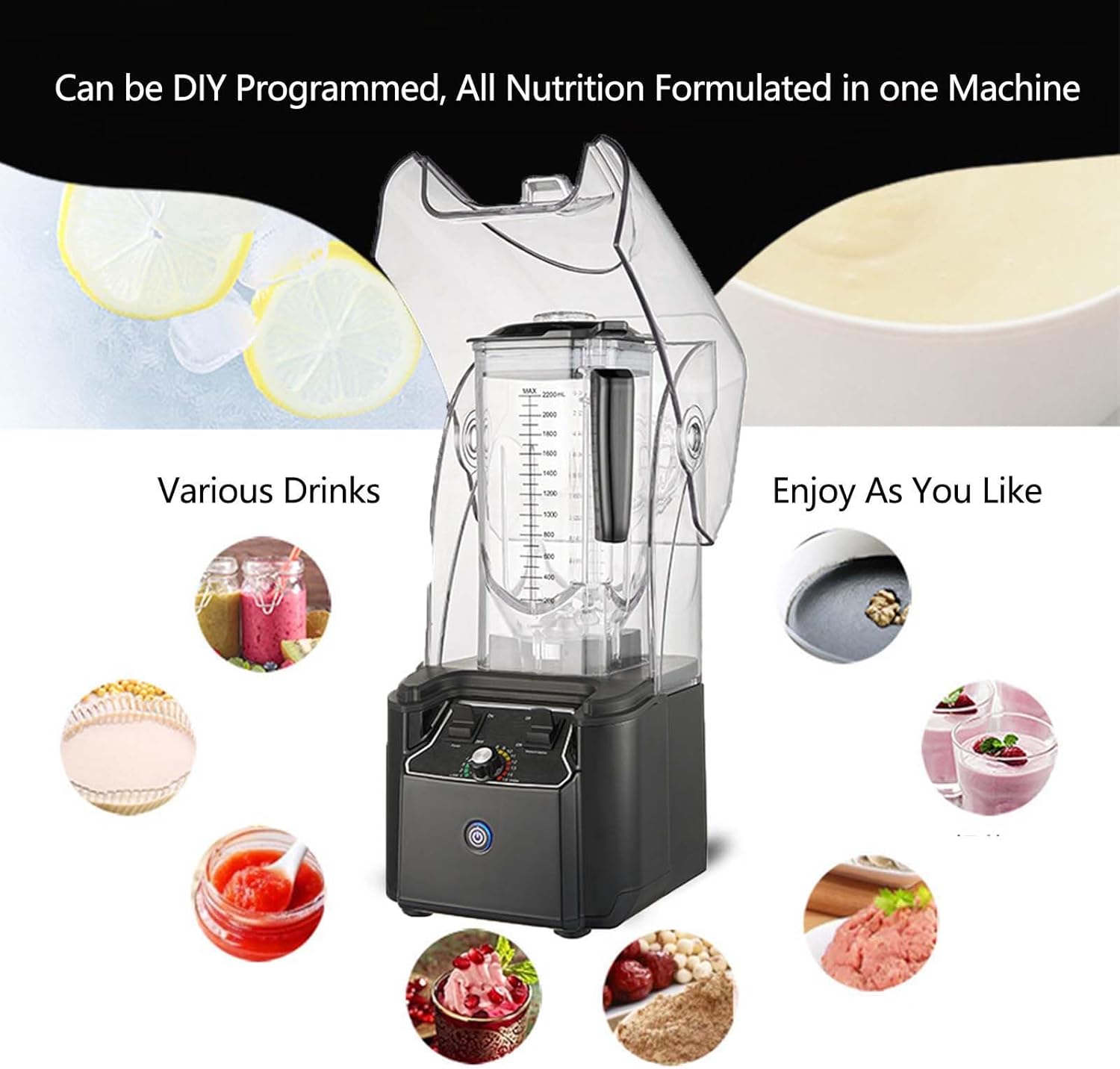 Commercial Professional Blender, Juice Smoothie Machine, W/Shielded Silent Housing, 2200W Electric Food Processor, Black