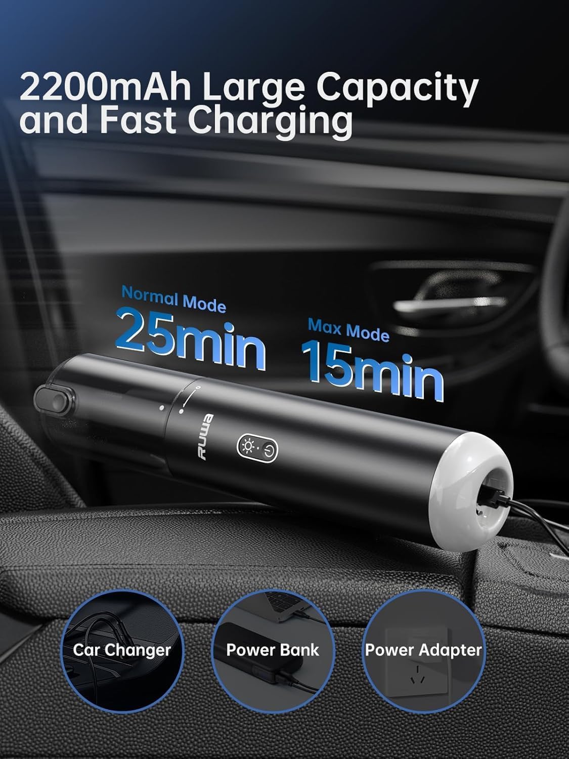 ruwa Car Vacuum Cleaner Handheld Vacuum Cordless, Rechargeable 14,000PA High-Power with 2 Speeds, 300ml Dust Cup, Lightweight, Portable Mini Vacuum for Car, Home, Pet Hair (Black)