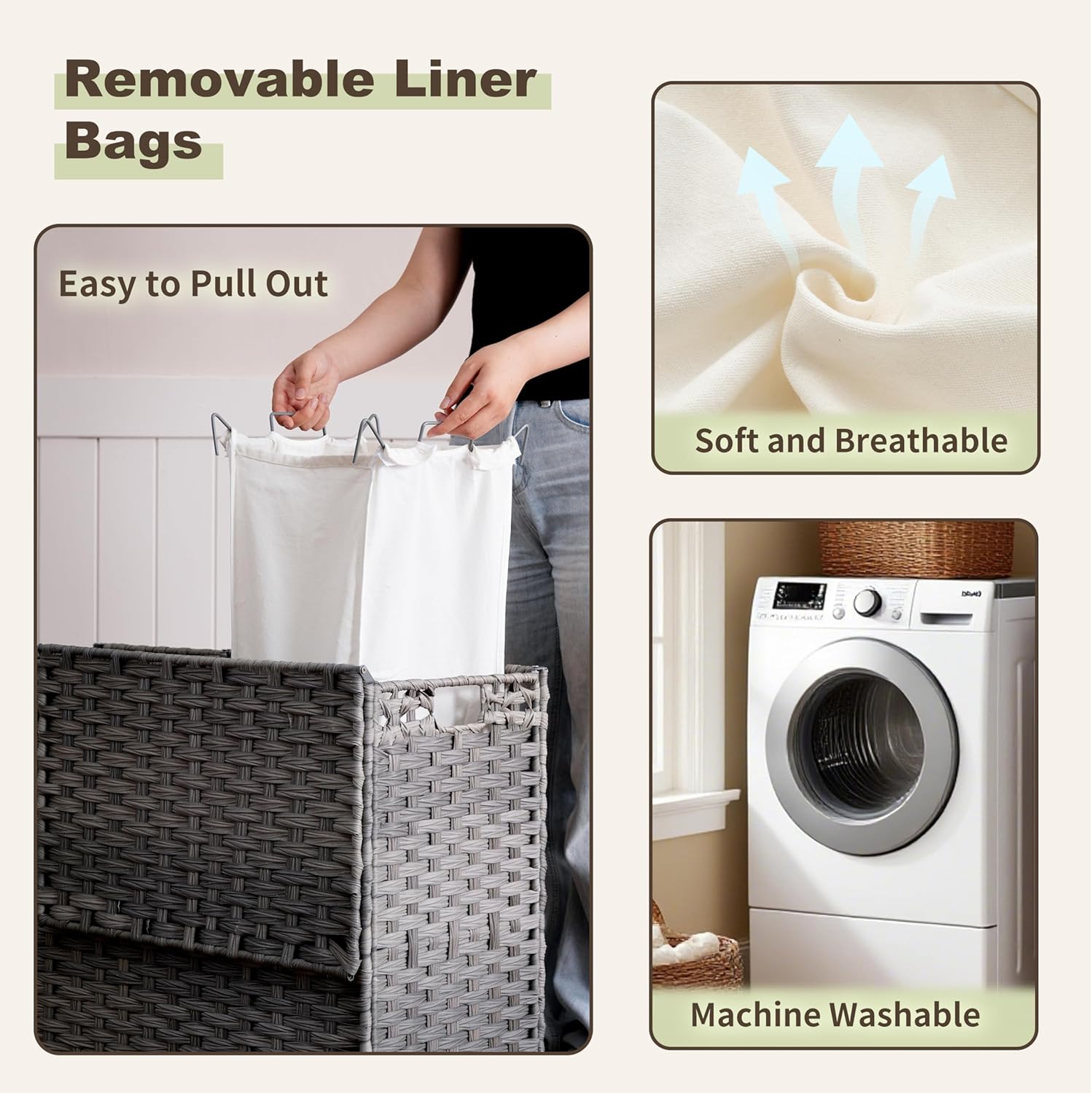 Laundry Hamper with Lid, 110L (29.1 Gal) Rattan Laundry Hamper 2 Section with 50L (13.2 Gal) Storage Shelf, Wicker Woven Laundry Sorter Basket with 3 Liner Bags and Handles, Gray GLH002G