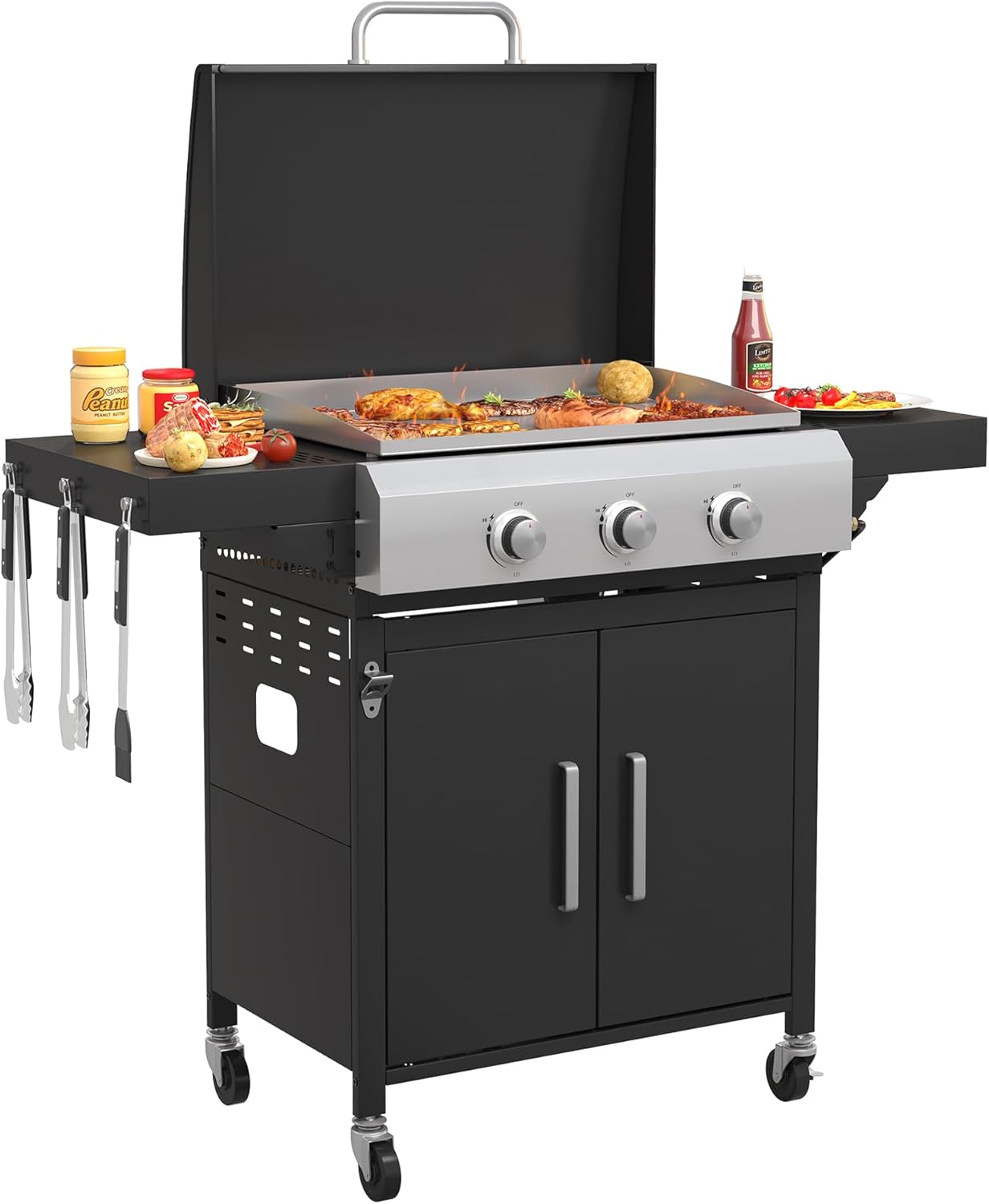 VICLLAX 28 in Flat Top Griddle Grill with Porcelain-Enameled Grates and Stainless Steel Frying Pan, 3-burner Propane Gas Griddle Grill, 33,000 BTU Output Grills for Outdoor Barbecue, Cooking and Party