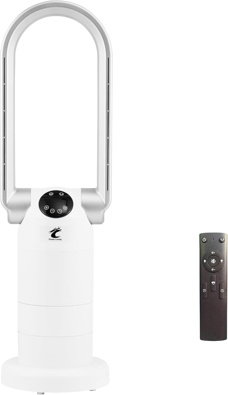 Ocean Loong 1500W Bladeless Tower Fan & Space Heater Combo for Home with Remote Control Timer Oscillation Tip-Over Switch and Adjustable Thermostat, 29” Silver