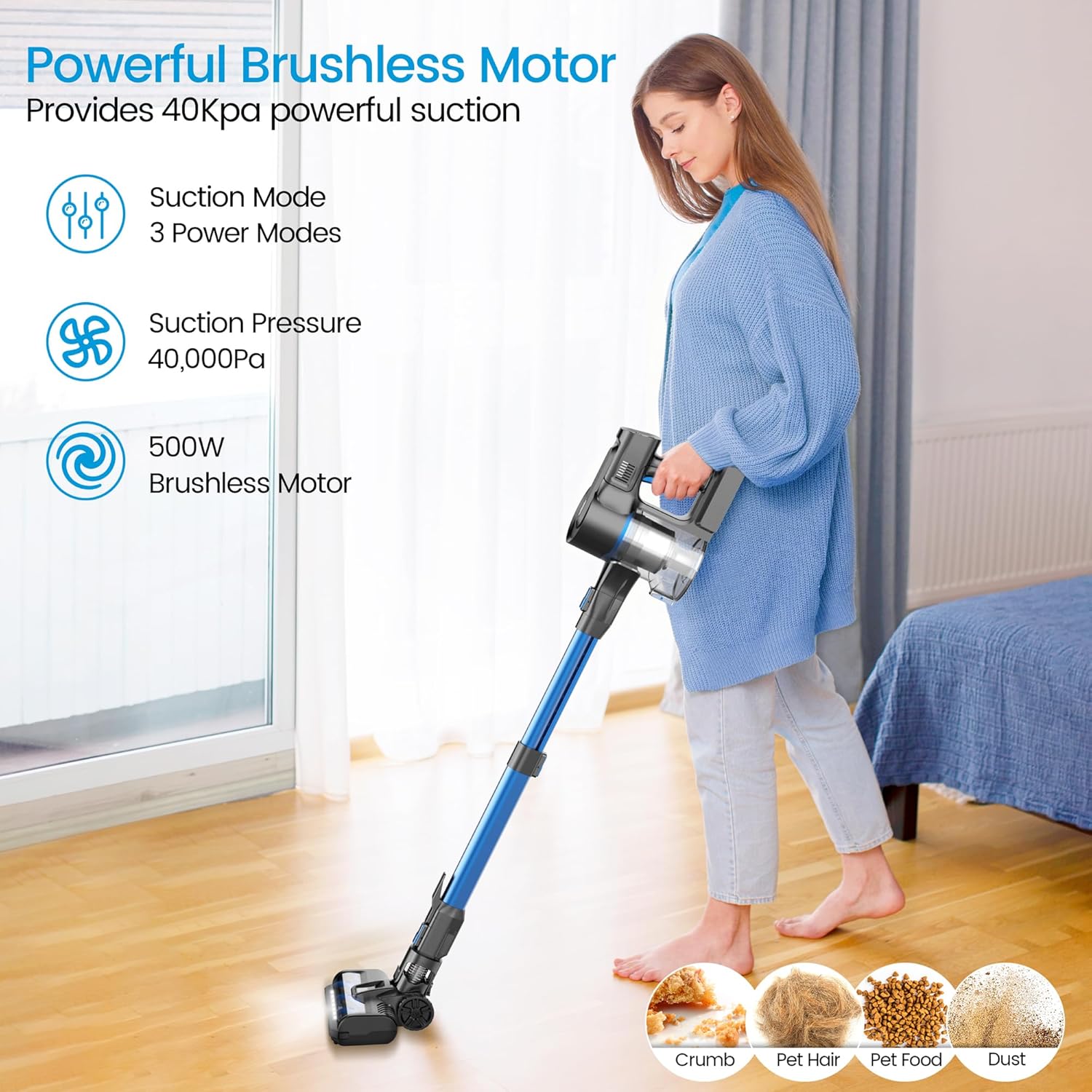 Cordless Vacuum Cleaner, Powerful Suction Vacuum with 40Kpa 500W Brushless Motor, Lightweight Stick Vacuum Cleaner Max 60 Min Runtime for Carpet and Hard Floor Pet Hair (Blue)