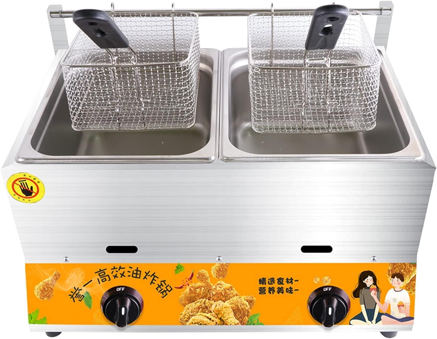 Large Propane Gas Fryer with Basket - Stainless Steel Outdoor Deep Fryer for Kitchen & Restaurant, Ideal for Fast Food, Double Cylinder Design, Lid Included