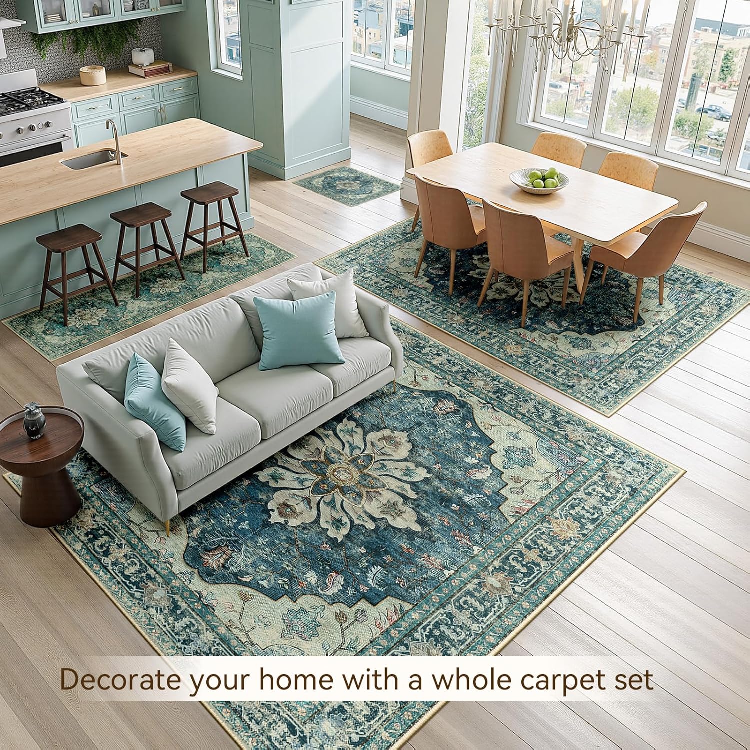 Area Rugs 10'x14' Washable Non-Slip, Floral Vintage Distress Print Pattern Medallion Carpet for Living Room Bedroom Dining Room, Dark Blue Vintage