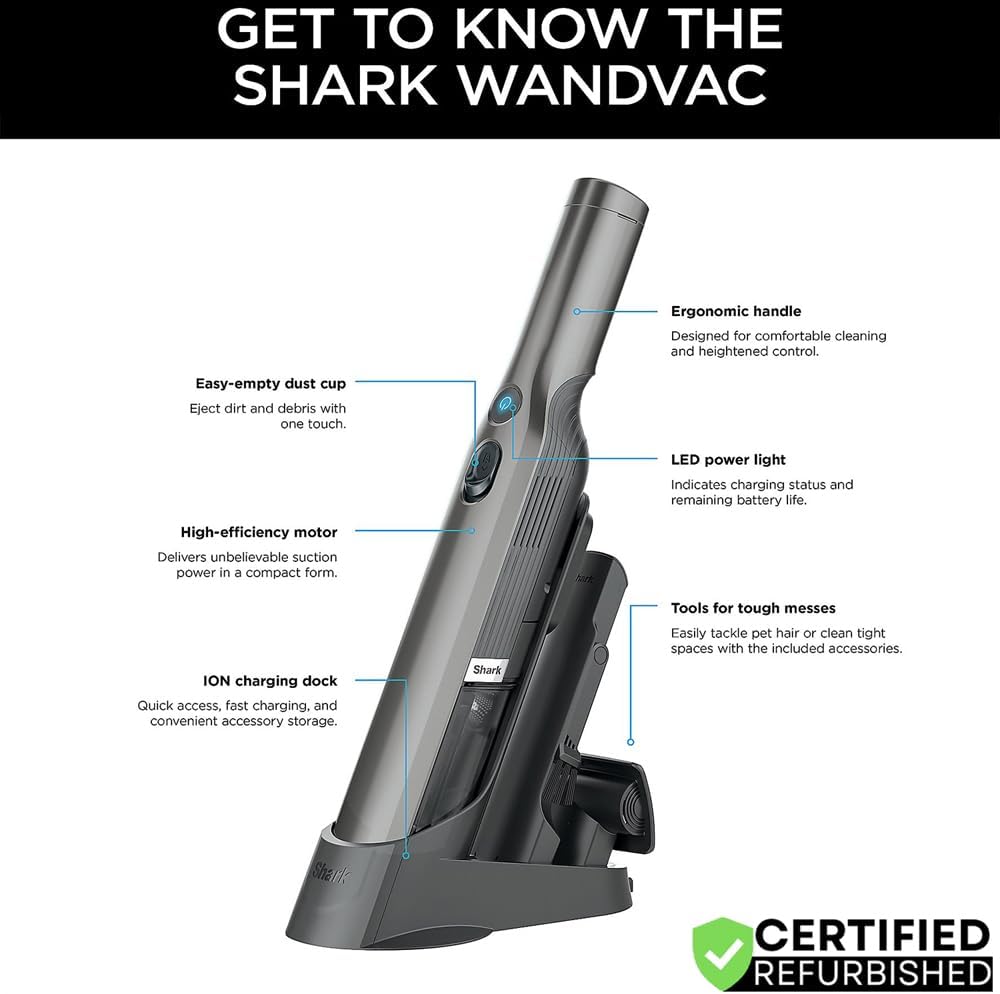 Shark QV201BK WANDVAC Handheld Vacuum and Charging Dock Black Bundle with 3 YR CPS Enhanced Protection Pack (Renewed)