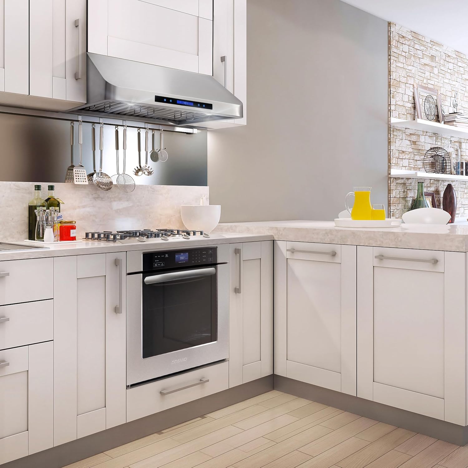 COSMO COS-QS75 30 in. Under Cabinet Range Hood with 500 CFM, Permanent Filters, LED Lights & COMFEE' EM720CPL-PMB Countertop Microwave Oven with Sound On/Off, ECO Mode