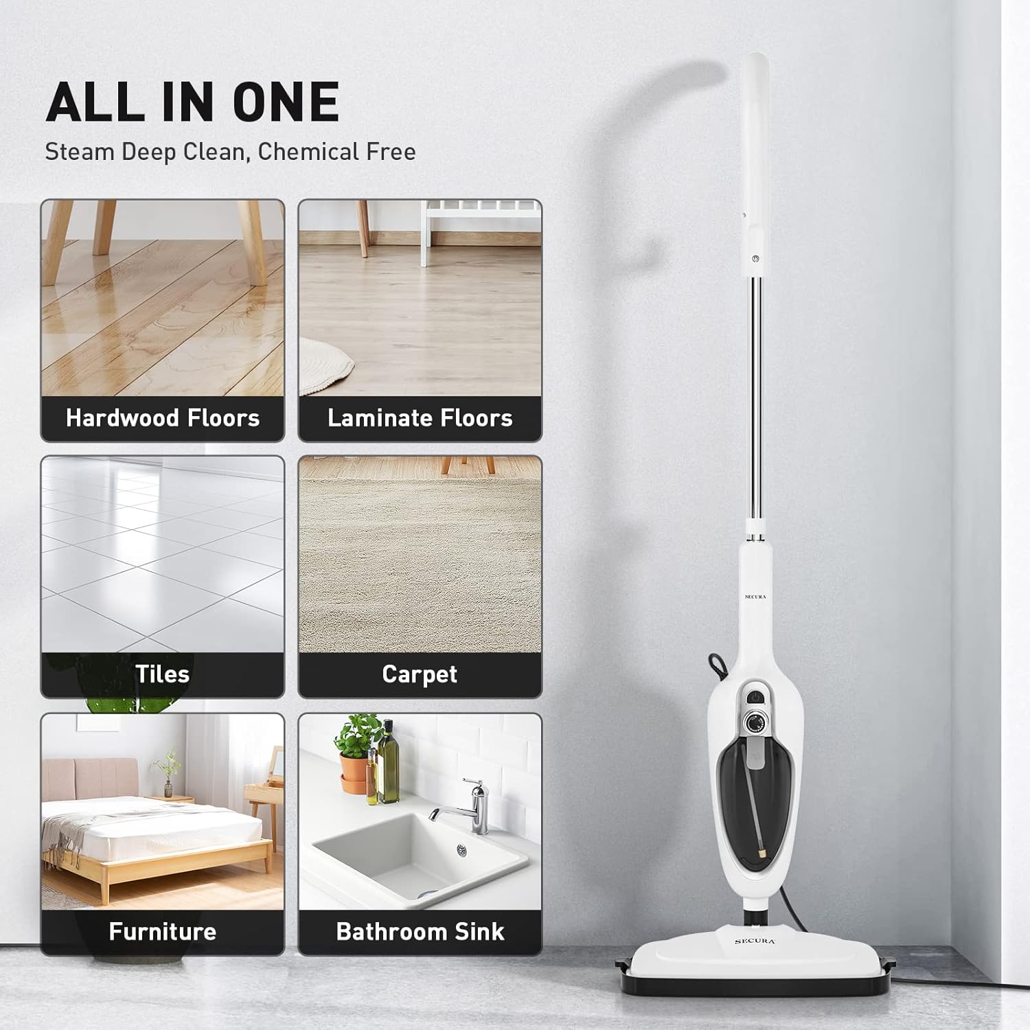 Secura Steam Mop 10-in-1 Convenient Detachable Steam Cleaner, White Multifunctional Cleaning Machine Floor Steamer with 3 Microfiber Mop Pads