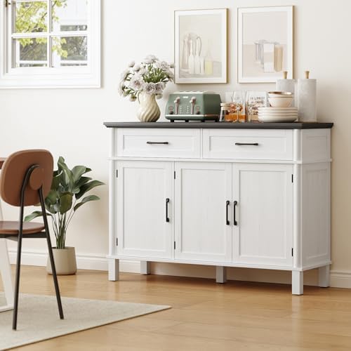 48 Inches Buffet Cabinet with Storage, Farmhouse Sideboard Buffet w/2 Drawers and 3 Doors, Wood Coffee Bar Cabinet with Adjustable Shelves, Sideboard Storage for Kitchen, Living Room, Off White&Black