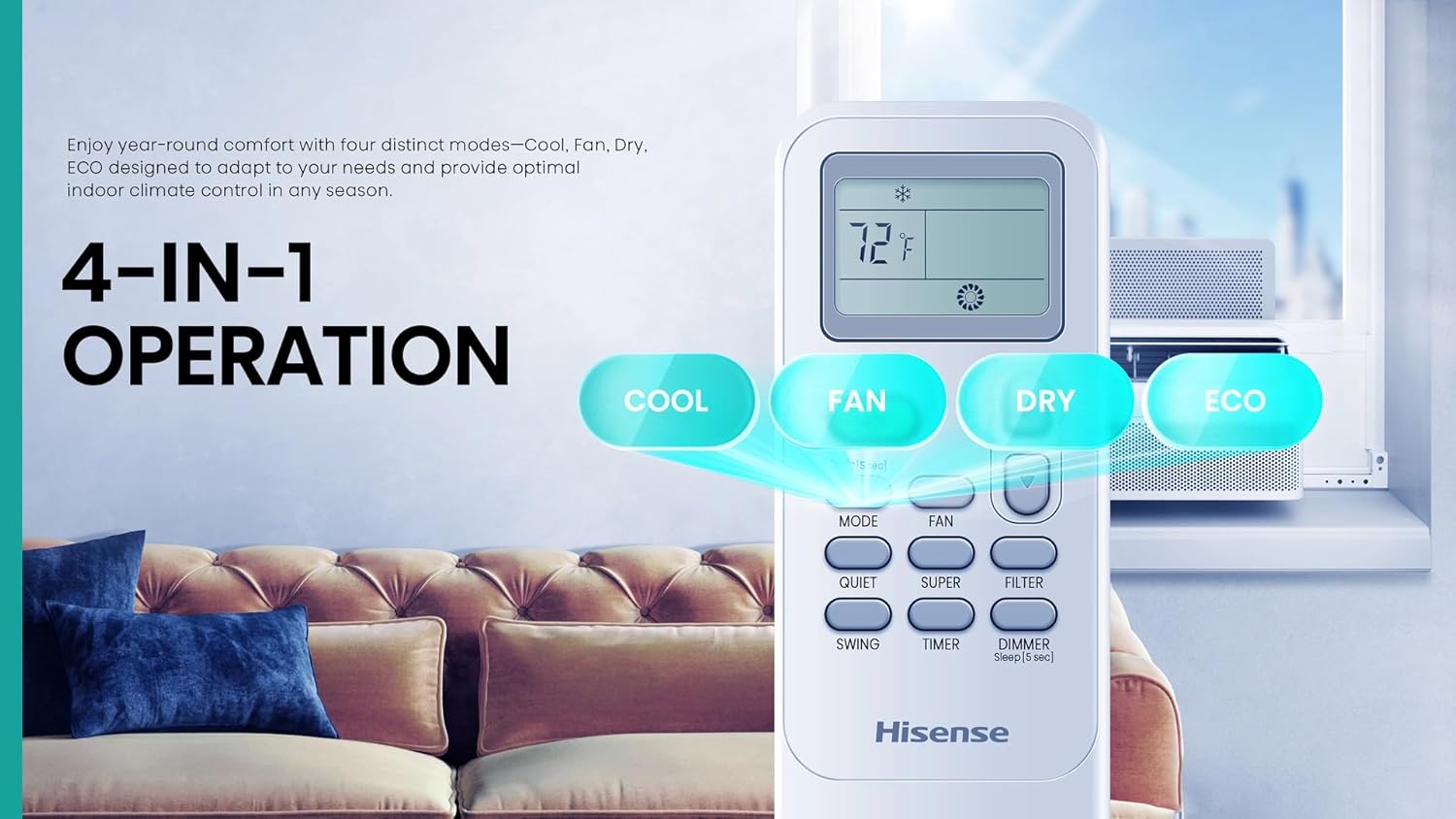 Hisense 8,000 BTU Smart Inverter Window Air Conditioner Easy Install Bracket, Up to 350 Sq Ft, Ultra-Slim Profile, 3 Speed, 700W, 4‑Way Air Direction HLAW0825TW (Renewed)