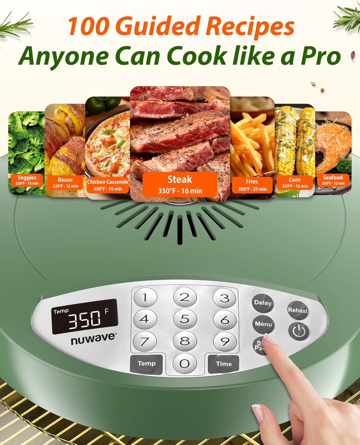 Nuwave Oven Pro Plus Air Fryer, Infra-Red Countertop, 2025 Advanced Convection, No Defrosting or Preheating, Cook Fresh or Frozen, Durable Power Dome, 100 Presets & 50 Memory, PFAS Free, Wild Olive