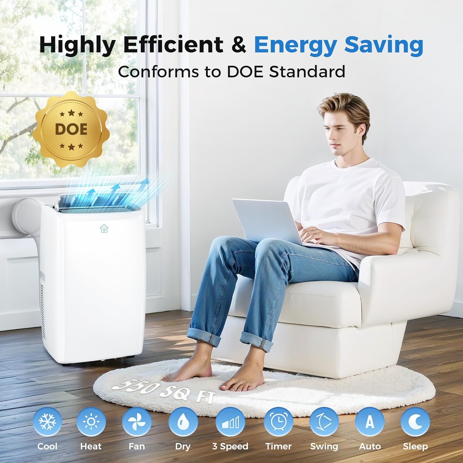 2025 Upgraded Portable Air Conditioner,8,000 BTU Portable AC Unit with Built-in Cool, 3-in-1 Cooling Fan & Dehumidifier for Rooms up to 350 Sq. Ft.,Smart APP and Remote Control,2 Speed,24H Timer