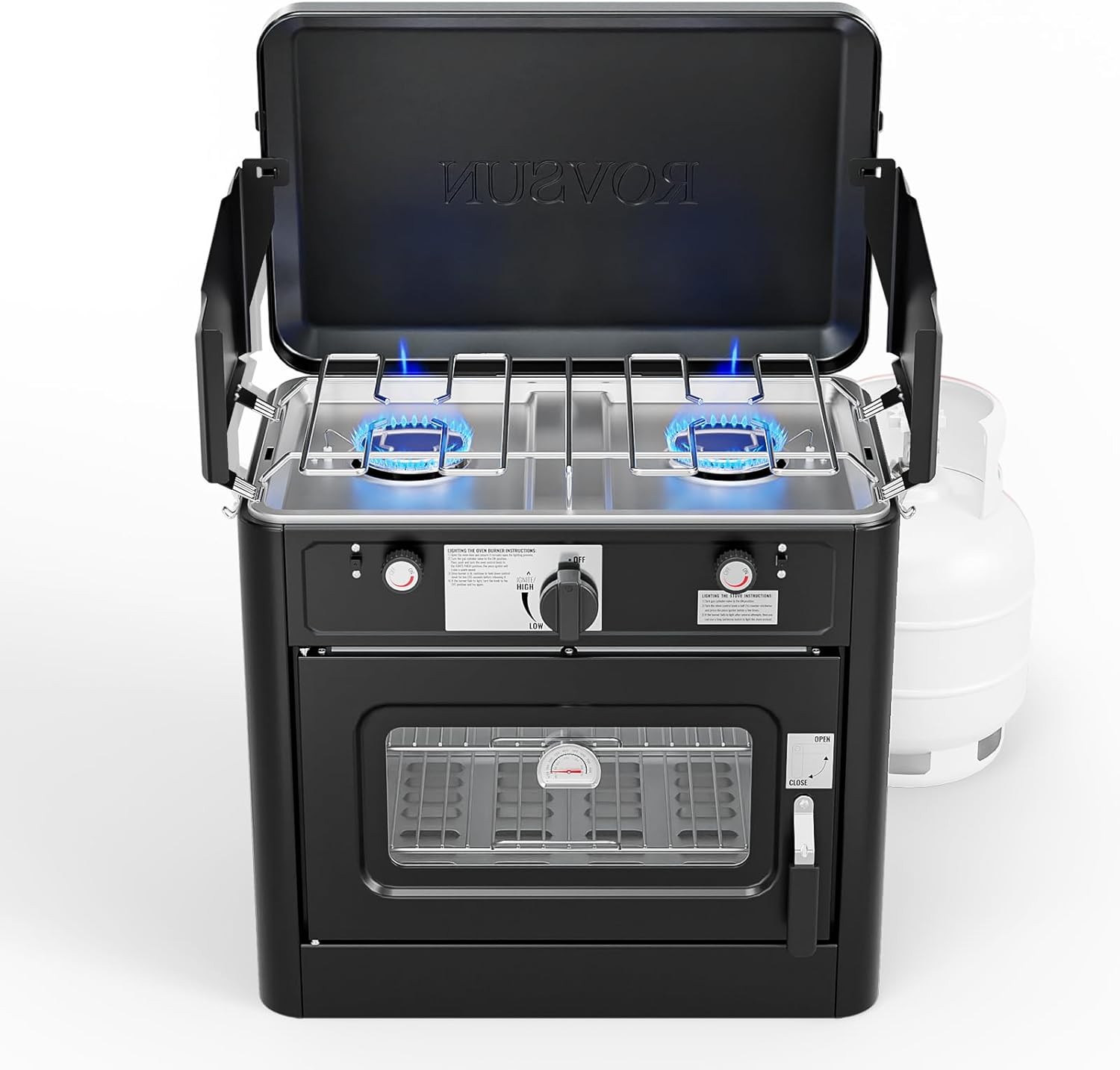 ROVSUN 2-in-1 Portable Camping Stove & Propane Oven with Piezo Igniter, 2 Burner Stove & Outdoor Oven with Adjustable Fire, Thermometer, Wind Panel & Regulator for Traveling, Tailgating (Black)