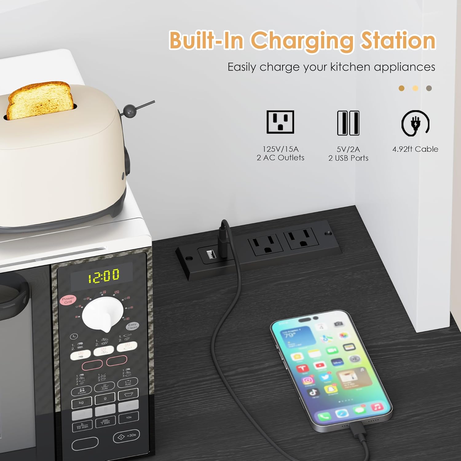 Microwave Stand with Storage and Drawer, Kitchen Pantry Storage Cabinet with Charging Station, Buffet Coffee Bar Cabinet with Adjustable Shelves, Kitchen Hutch Microwave Table for Dining Room