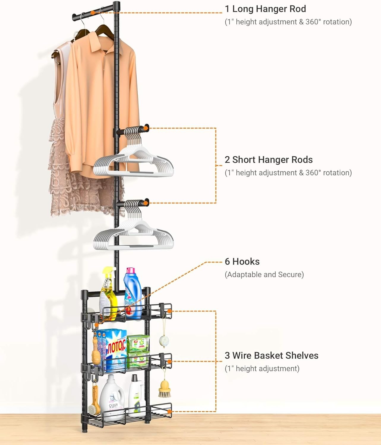 Laundry Room Shelves - Over The Washer and Dryer Storage Shelf, Laundry Hanging Rod with Basket and Hanger Organizer for Laundry Room Organization