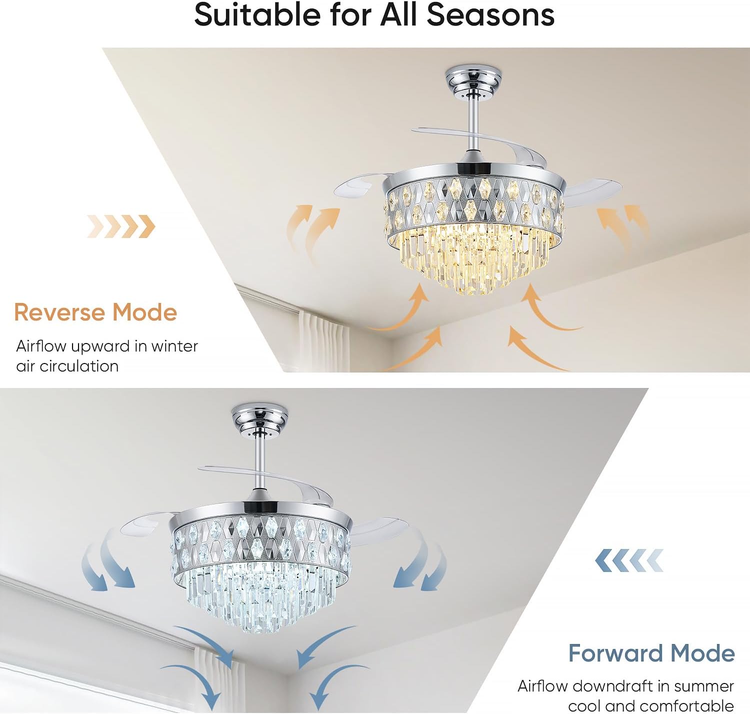 42 Inch Fandelier Ceiling Fan with Light, Chandelier Fan for Bedroom Living Room, Retractable Ceiling Fan with Lights, 6 Wind Speeds, LED Dimmable, Memory and Timing Function-Chrome