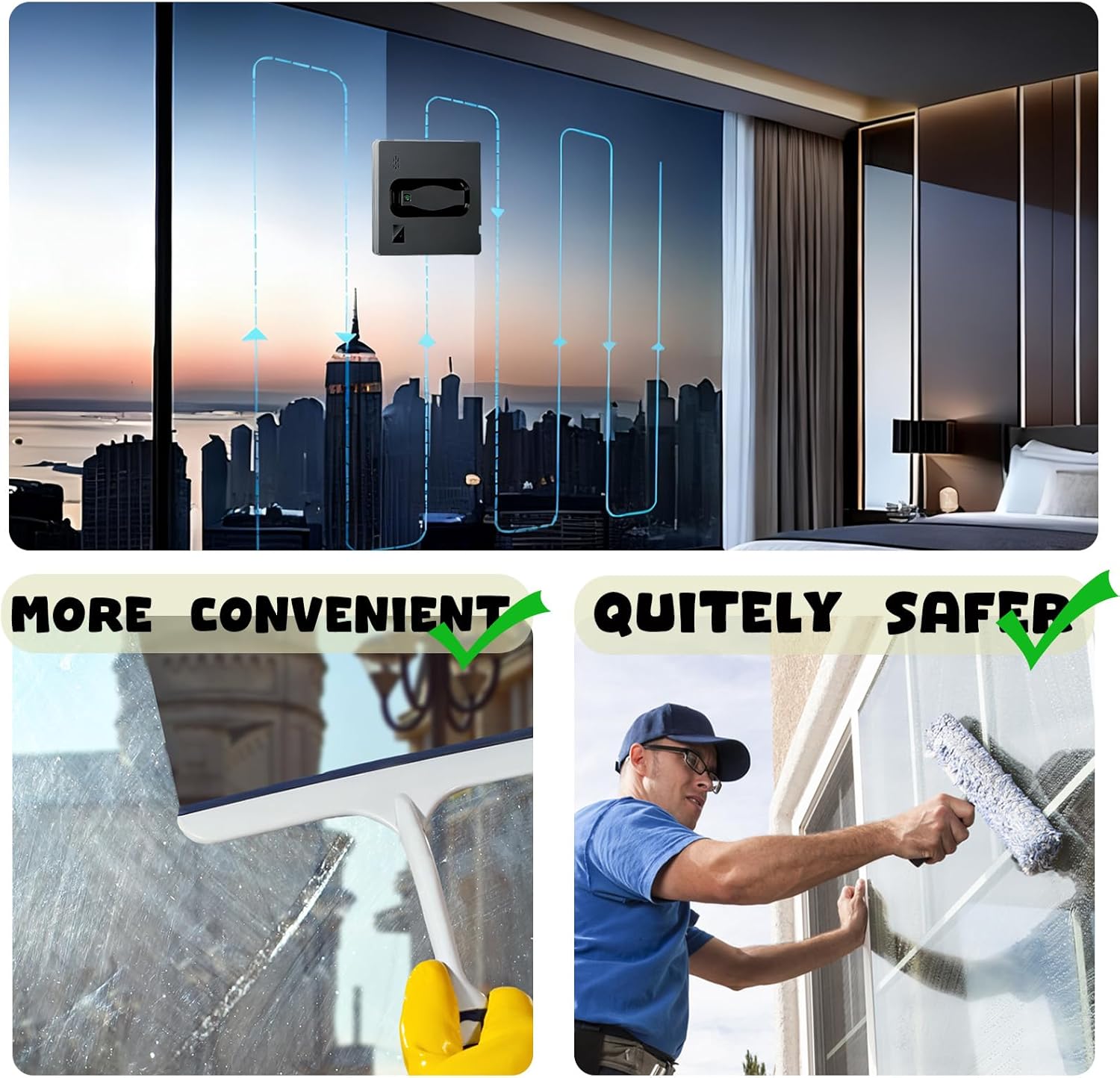 Smart Window Cleaning Robot, Automatic Window Cleaner Robot with 3000Pa Suction, Double-Sided Spray Nozzles, Remote Control and APP Control, Automatic Safety System for High-Rise Windows (Black)