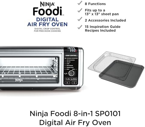 Ninja Digital Air Fry Countertop Oven, 8-in-1 Functionality, 1800W, Flip-Up Design, XL Capacity, Air Fry Basket, Wire Rack & Crumb Tray, Silver, SP101