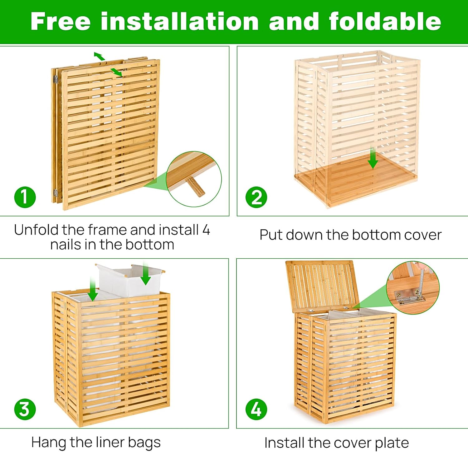 Bamboo Laundry Hamper with Lid – Foldable Clothes Basket with 2-Section Removable Liner Bag, Space-Saving Laundry Sorter for Bathroom, Bedroom, and Laundry Room (Natural, 21.69”L x 13.85”W x 25.39”H)