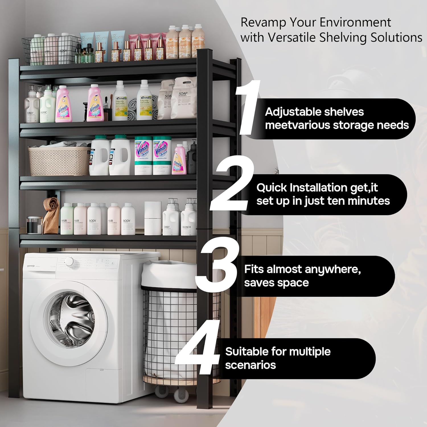 Over Washer and Dryer Shelves, 5 Tiers Laundry Room Storage and Organizer Standing Shelf, Metal Freestanding Clothes Drying Rack,35.4